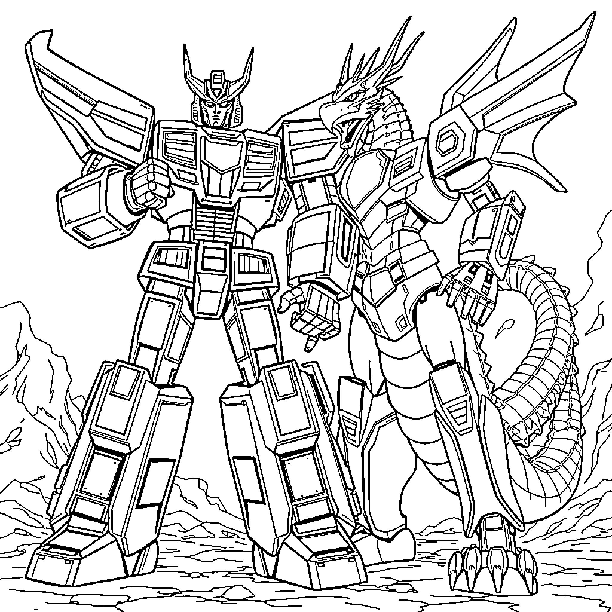 Zord warrior battles fearsome dragon Coloring Page (free black-and-white line drawing printable PDF for all, from beginners to advanced learners, including children, teens, adults, and seniors)