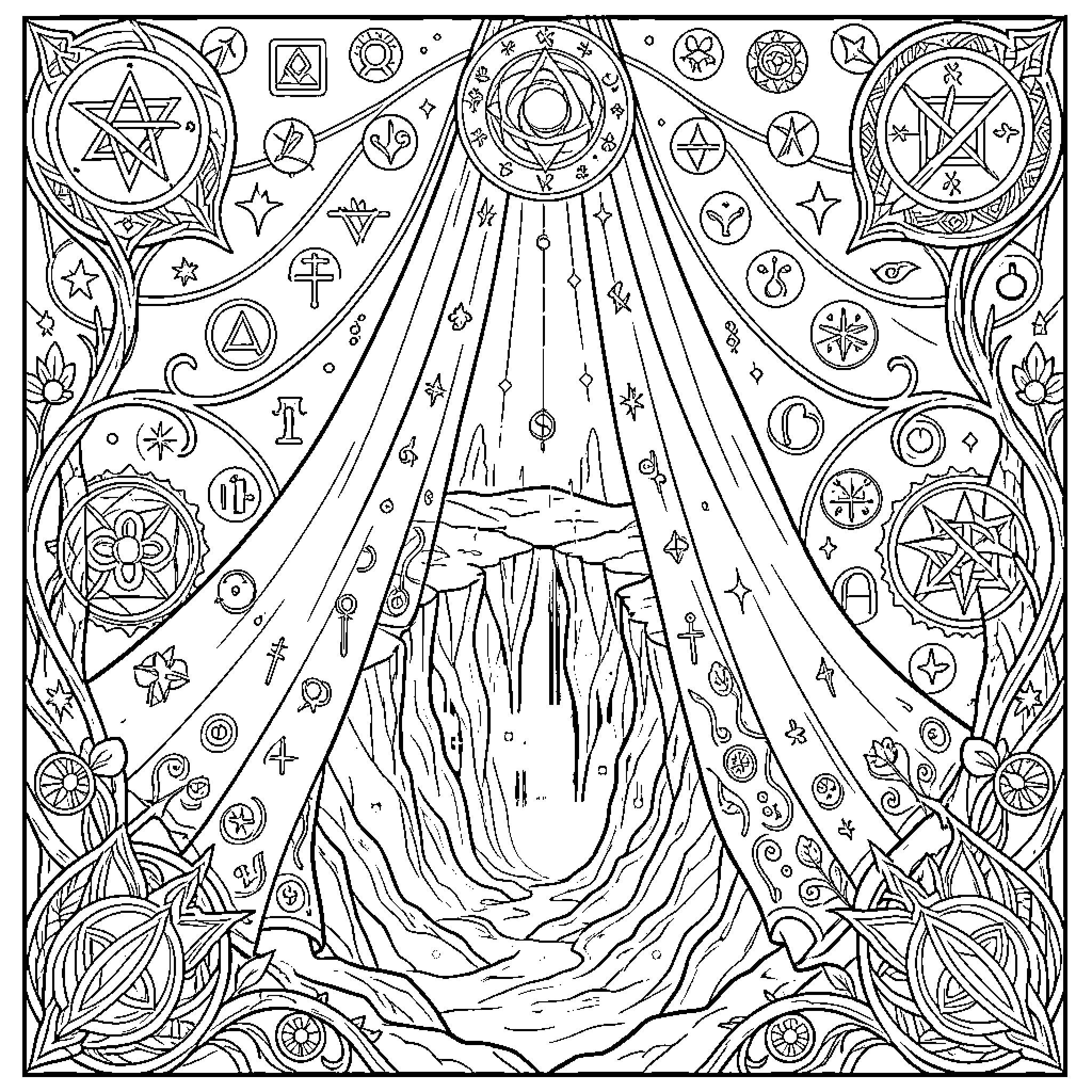 Alchemy - Mystical symbols and cosmic imagery Coloring Page (free black-and-white line drawing printable PDF for all, from beginners to advanced learners, including children, teens, adults, and seniors)
