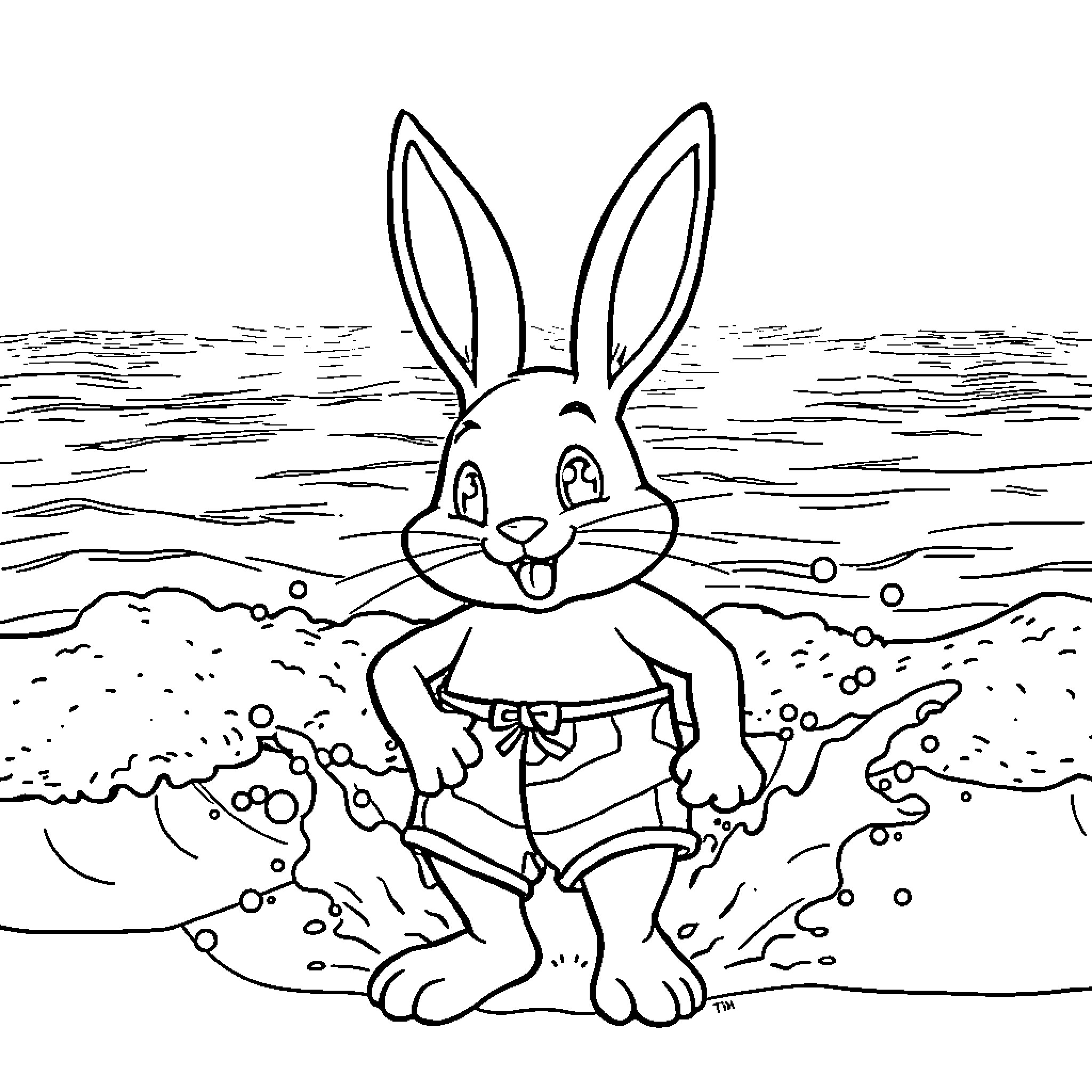 Easter Bunny splashing happily in the waves Coloring Page (free black-and-white line drawing printable PDF for all, from beginners to advanced learners, including children, teens, adults, and seniors)