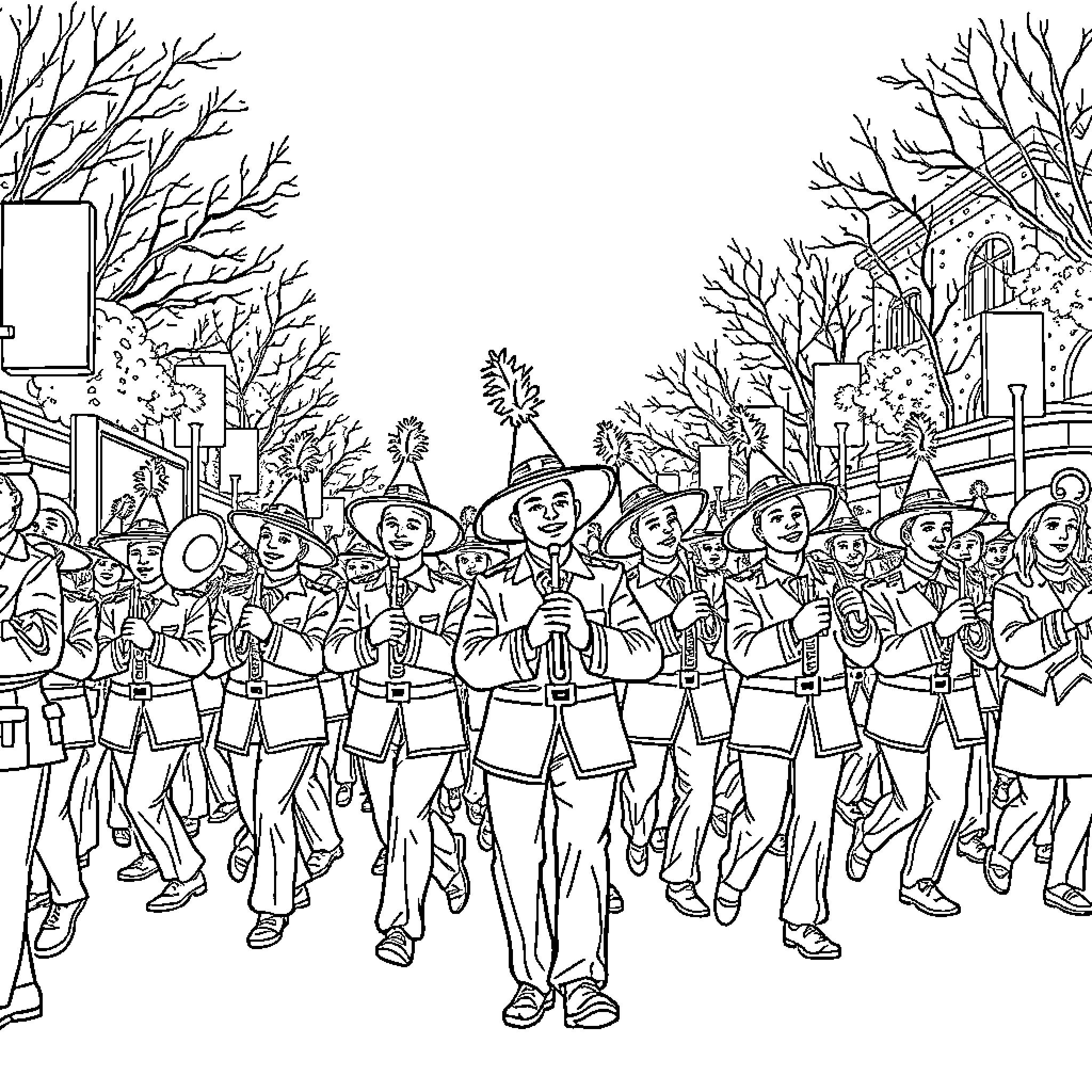 Marching Band Performing in Parade with Energetic Expressions Coloring Page (free black-and-white line drawing printable PDF for all, from beginners to advanced learners, including children, teens, adults, and seniors)