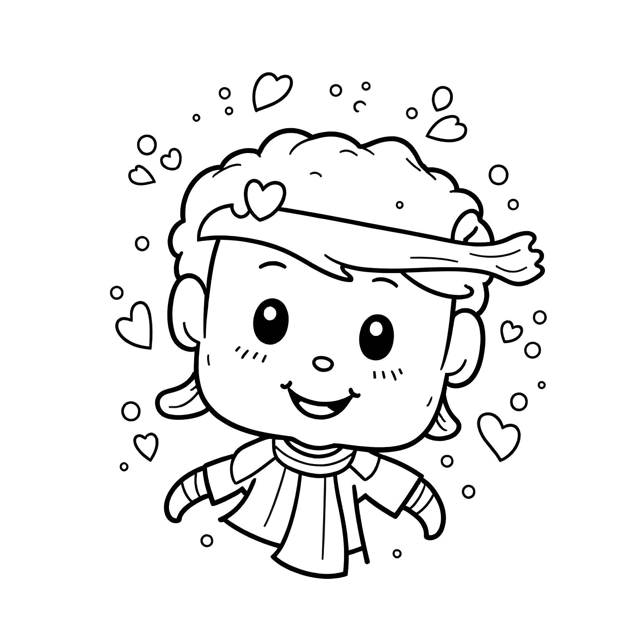 Bacon boy with heart-shaped bubbles Coloring Page (free black-and-white line drawing printable PDF for all, from beginners to advanced learners, including children, teens, adults, and seniors)