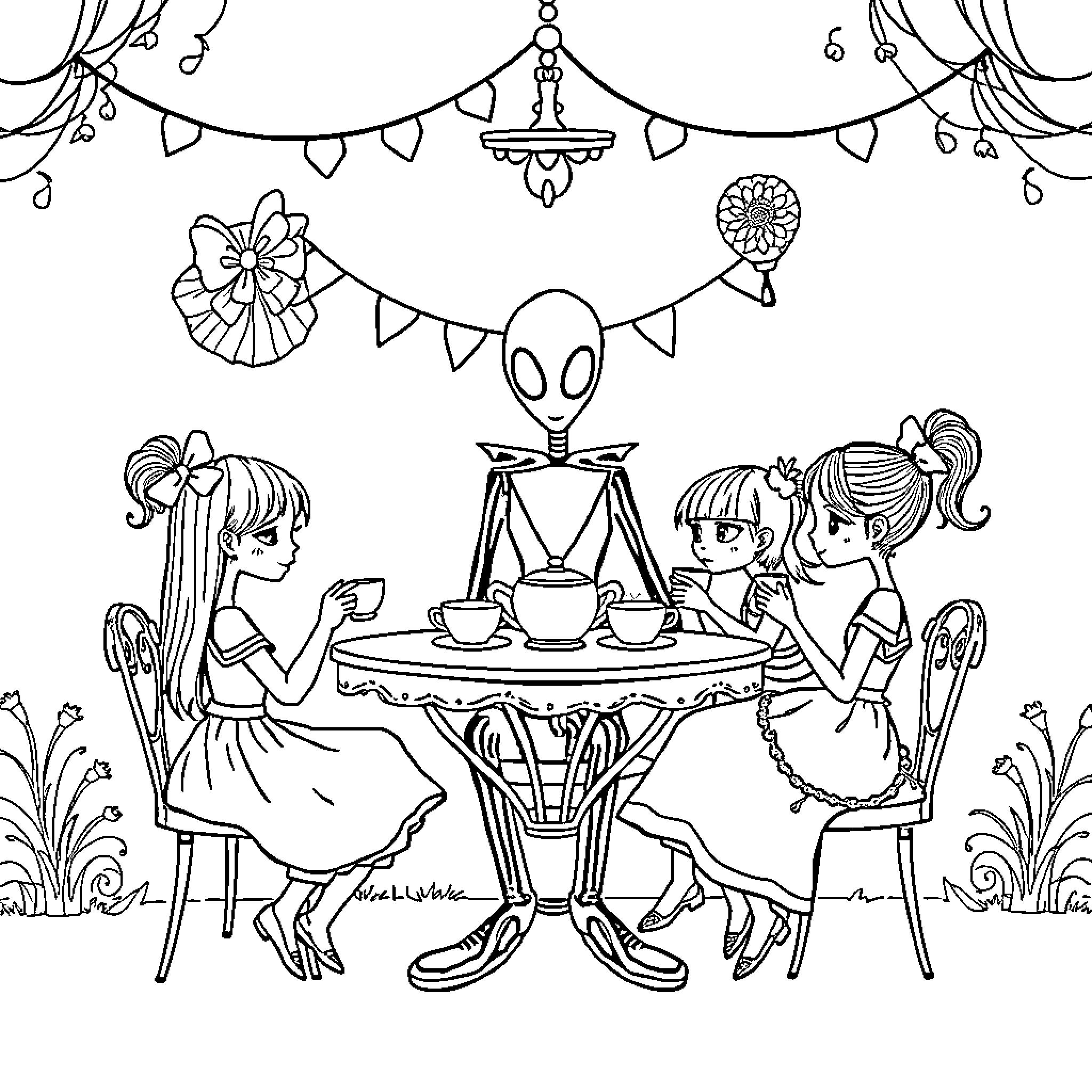 Slender Man hosts a tea party for friends Coloring Page (free black-and-white line drawing printable PDF for all, from beginners to advanced learners, including children, teens, adults, and seniors)