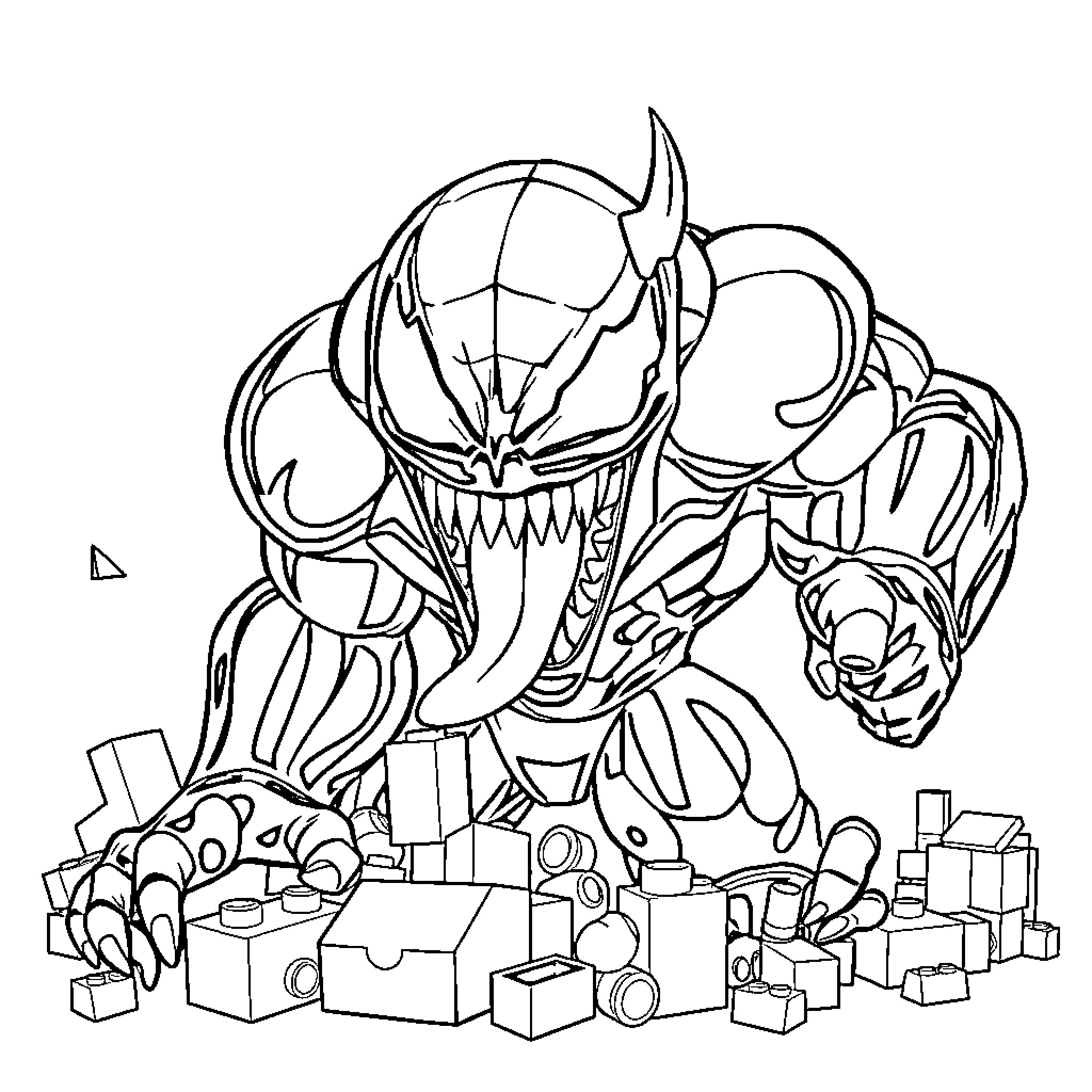 Venom terrorizing the city with destruction Coloring Page (free black-and-white line drawing printable PDF for all, from beginners to advanced learners, including children, teens, adults, and seniors)