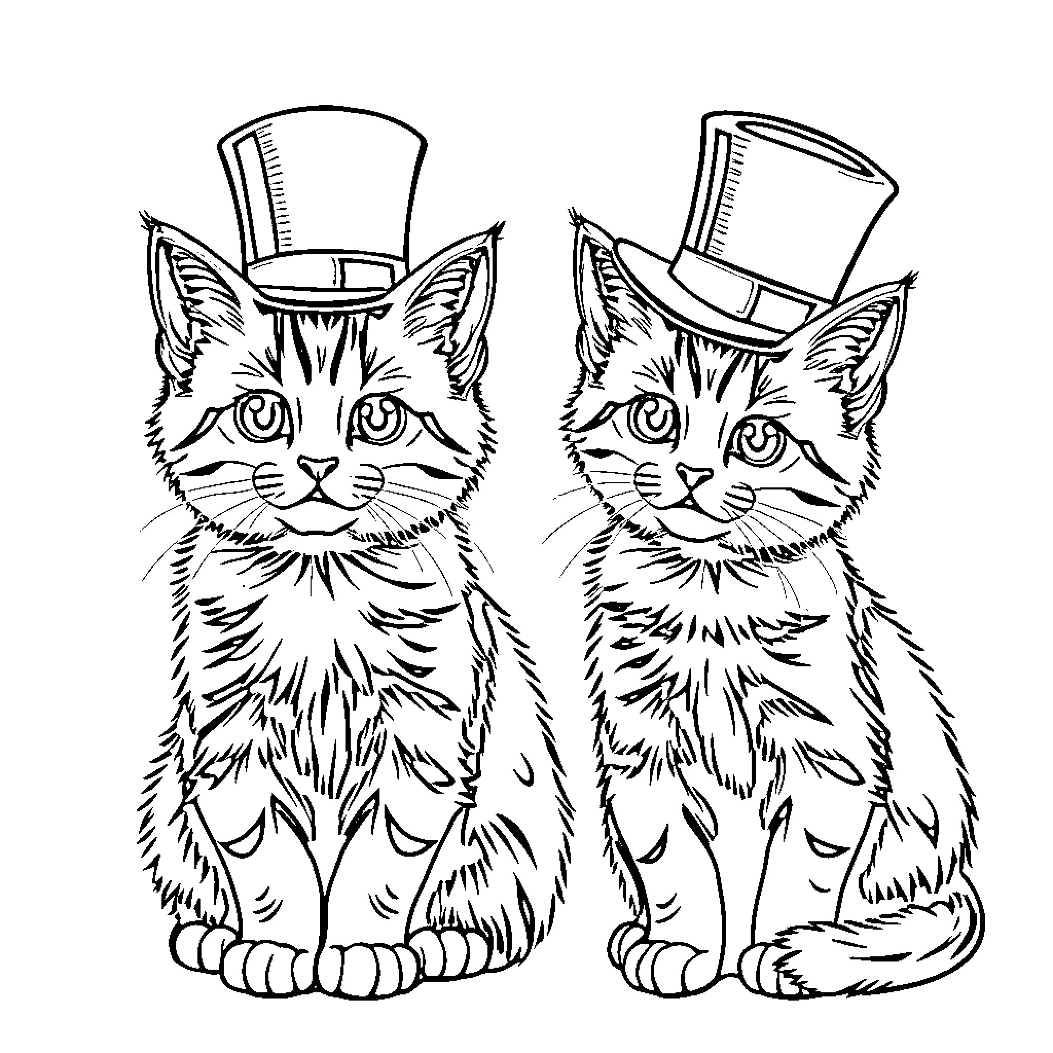 Cats wearing top hats in formal attire Coloring Page (free black-and-white line drawing printable PDF for all, from beginners to advanced learners, including children, teens, adults, and seniors)