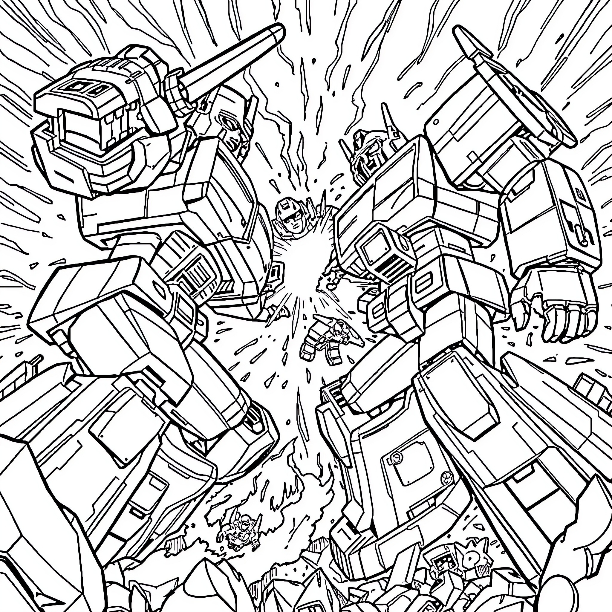 Transformer Robots Engaged in Epic Battle Coloring Page (free black-and-white line drawing printable PDF for all, from beginners to advanced learners, including children, teens, adults, and seniors)