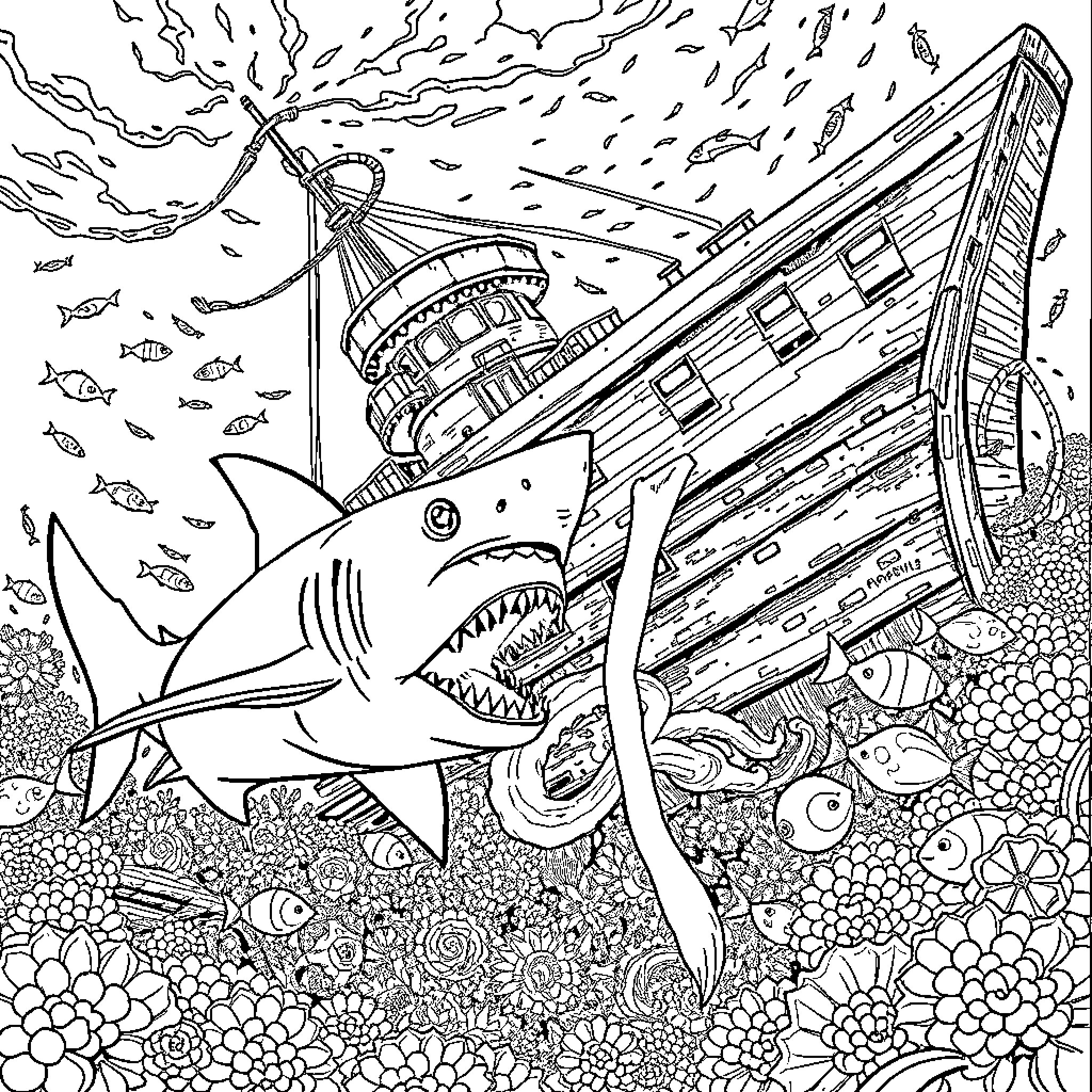 Shark attacking a sunken shipwreck underwater Coloring Page (free black-and-white line drawing printable PDF for all, from beginners to advanced learners, including children, teens, adults, and seniors)