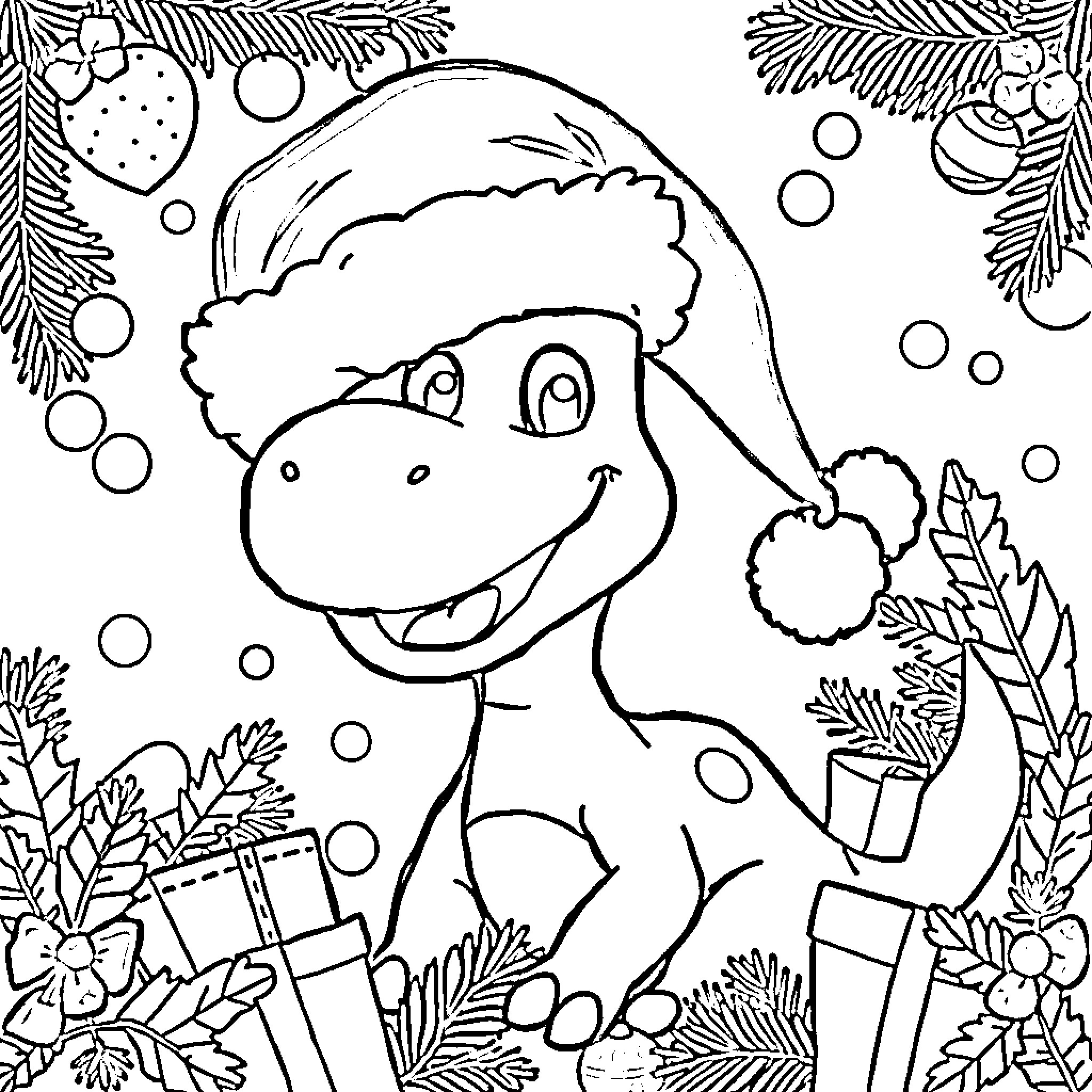 Dinosaur wearing Santa hat with Christmas decorations Coloring Page (free black-and-white line drawing printable PDF for all, from beginners to advanced learners, including children, teens, adults, and seniors)