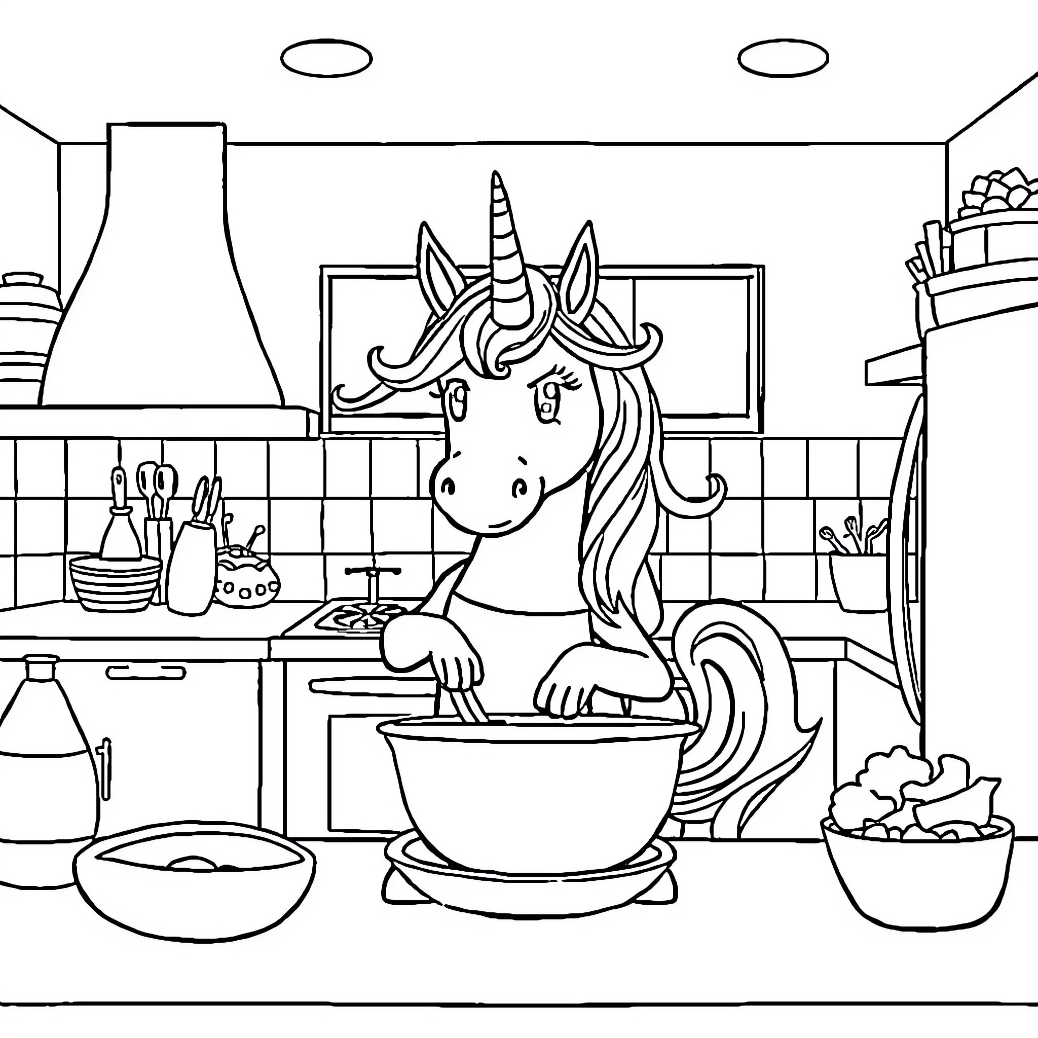 Unicorn baking treats in the kitchen Coloring Page (free black-and-white line drawing printable PDF for all, from beginners to advanced learners, including children, teens, adults, and seniors)