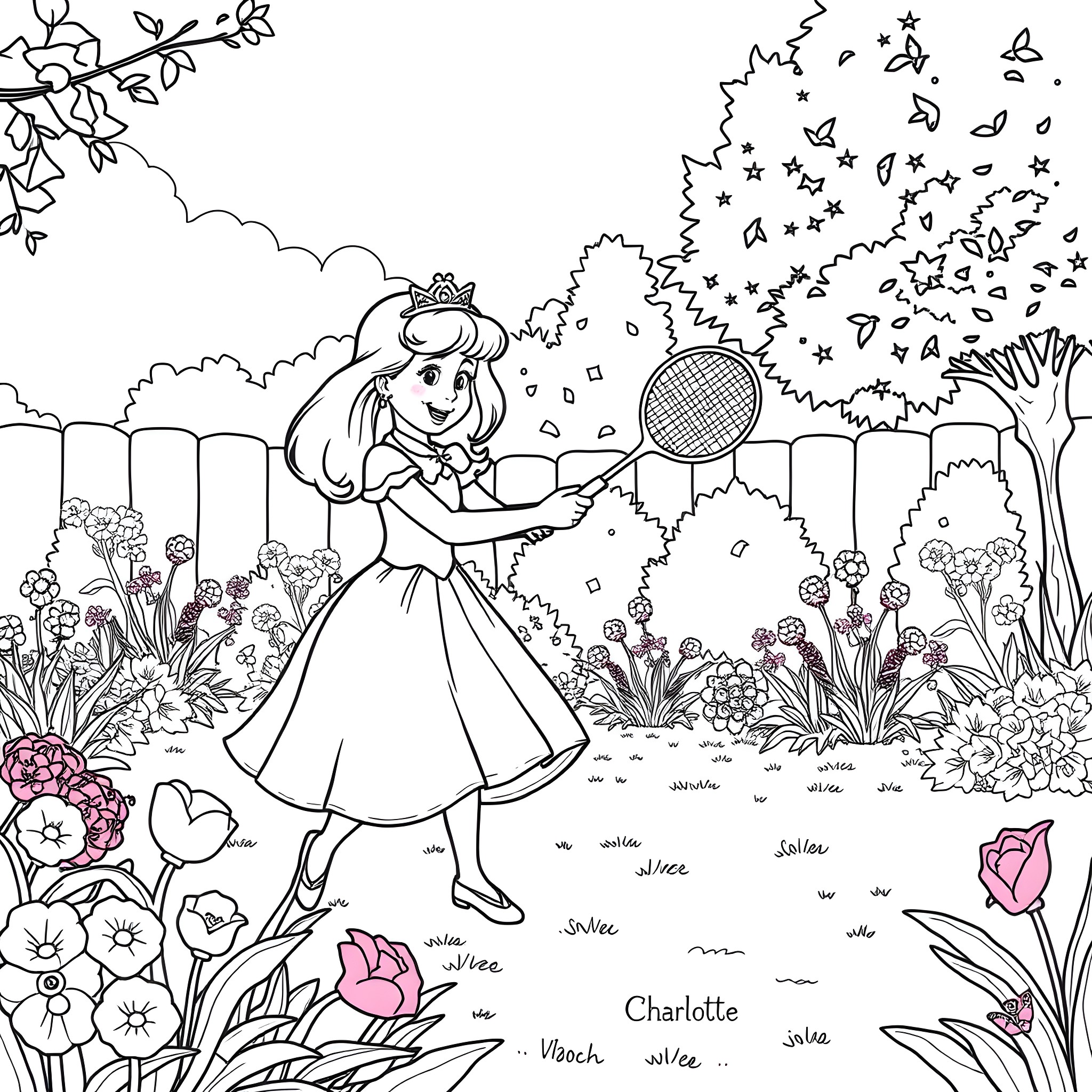 Princess playing badminton in a garden Coloring Page (free black-and-white line drawing printable PDF for all, from beginners to advanced learners, including children, teens, adults, and seniors)