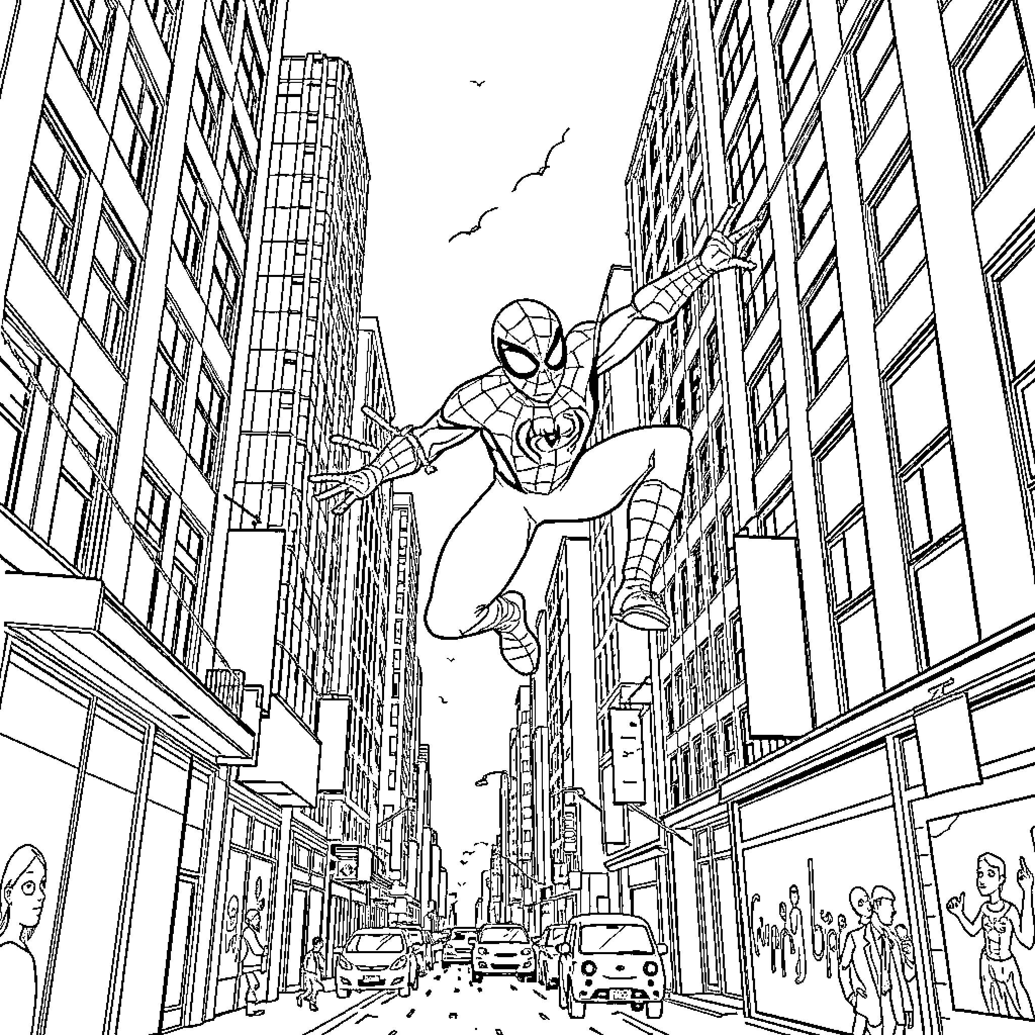 Spiderman swinging through the bustling city streets Coloring Page (free black-and-white line drawing printable PDF for all, from beginners to advanced learners, including children, teens, adults, and seniors)