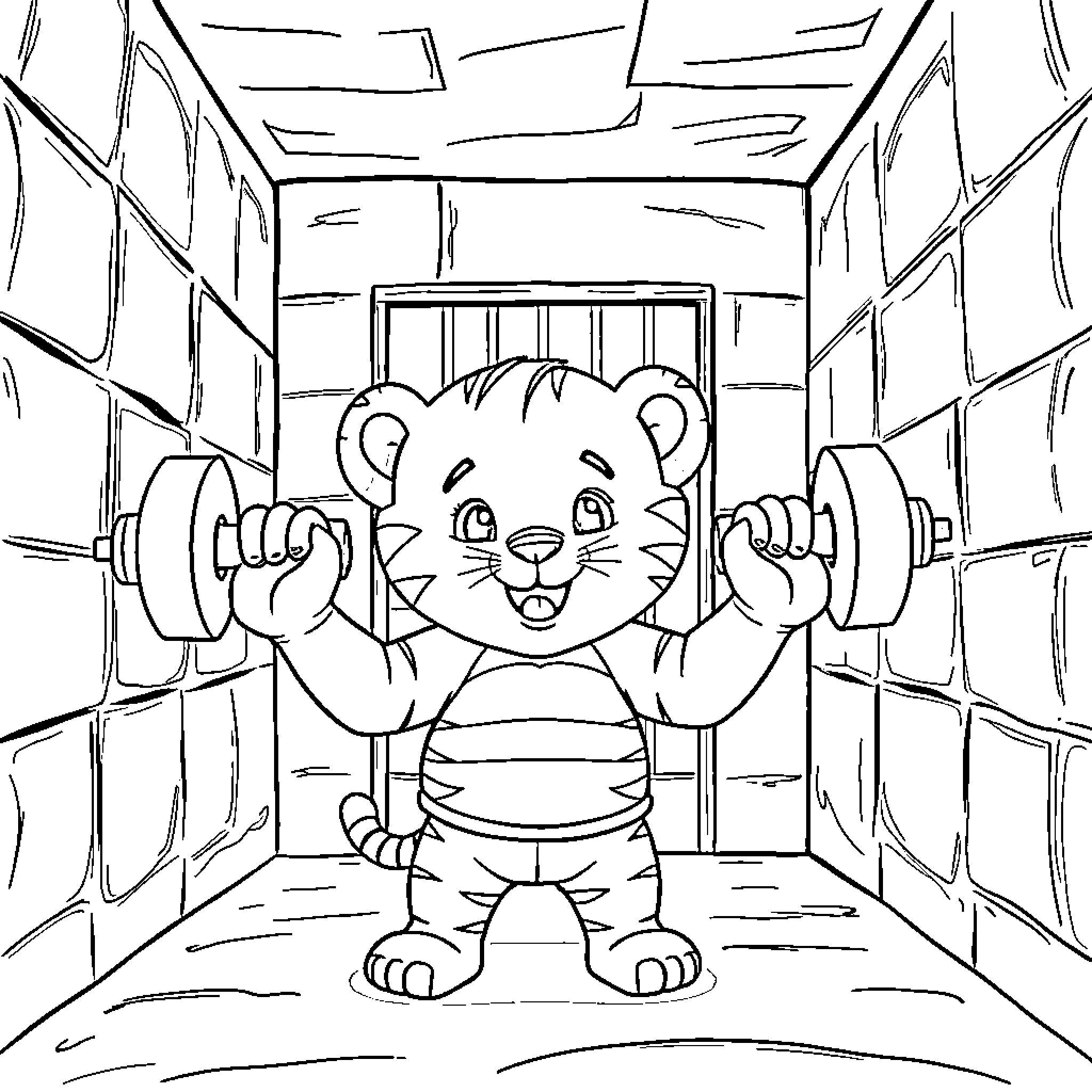 Daniel Tiger Lifting Weights in a Gym Coloring Page (free black-and-white line drawing printable PDF for all, from beginners to advanced learners, including children, teens, adults, and seniors)
