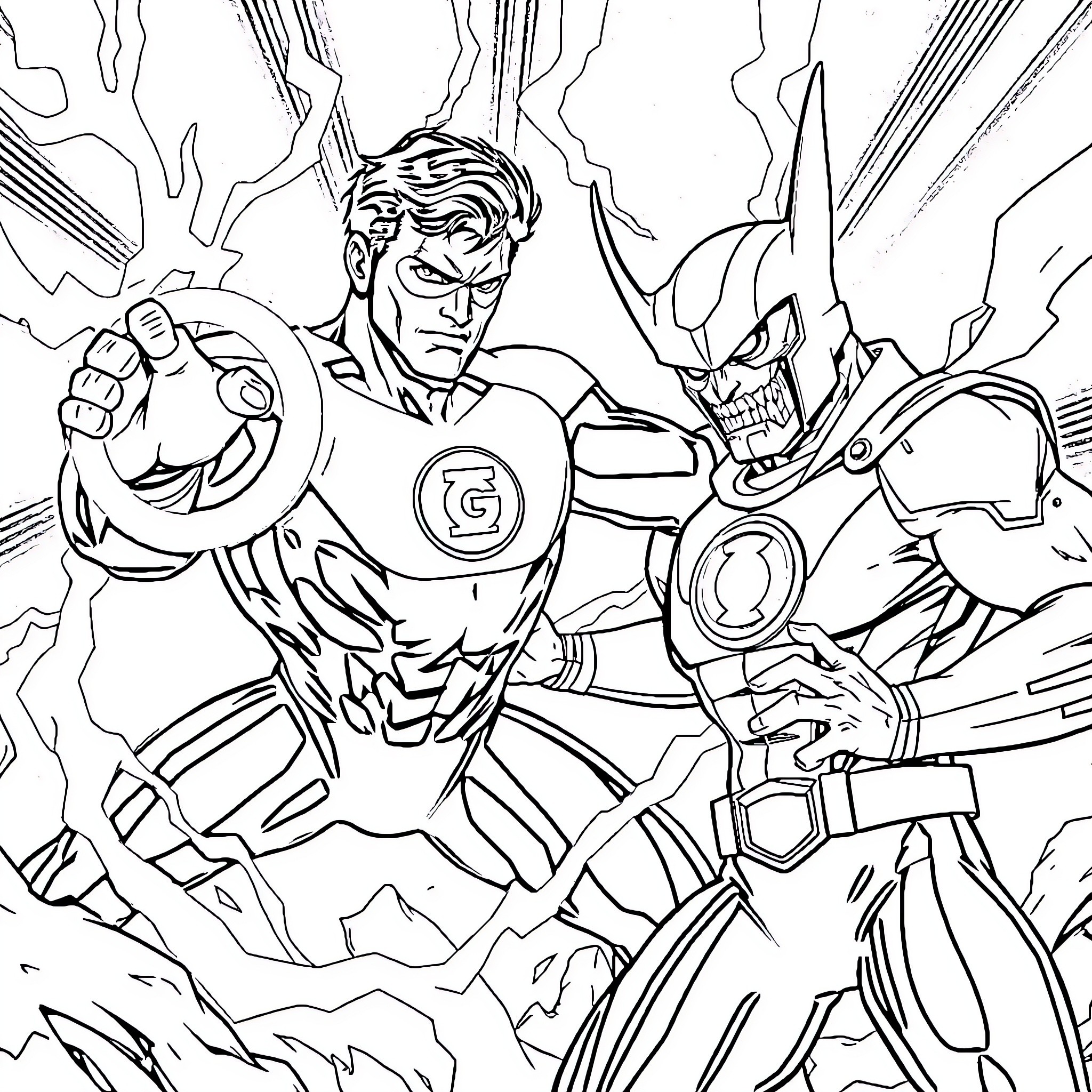 Green Lantern Confronting a Powerful Foe Coloring Page (free black-and-white line drawing printable PDF for all, from beginners to advanced learners, including children, teens, adults, and seniors)