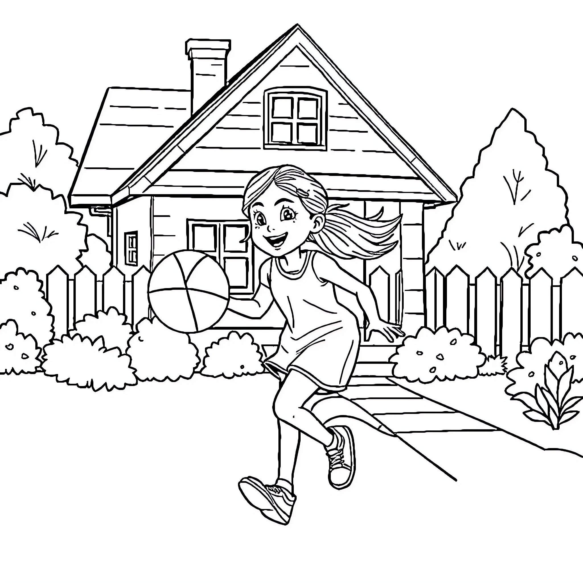 Girl playing with ball near house in nature Coloring Page (free black-and-white line drawing printable PDF for all, from beginners to advanced learners, including children, teens, adults, and seniors)