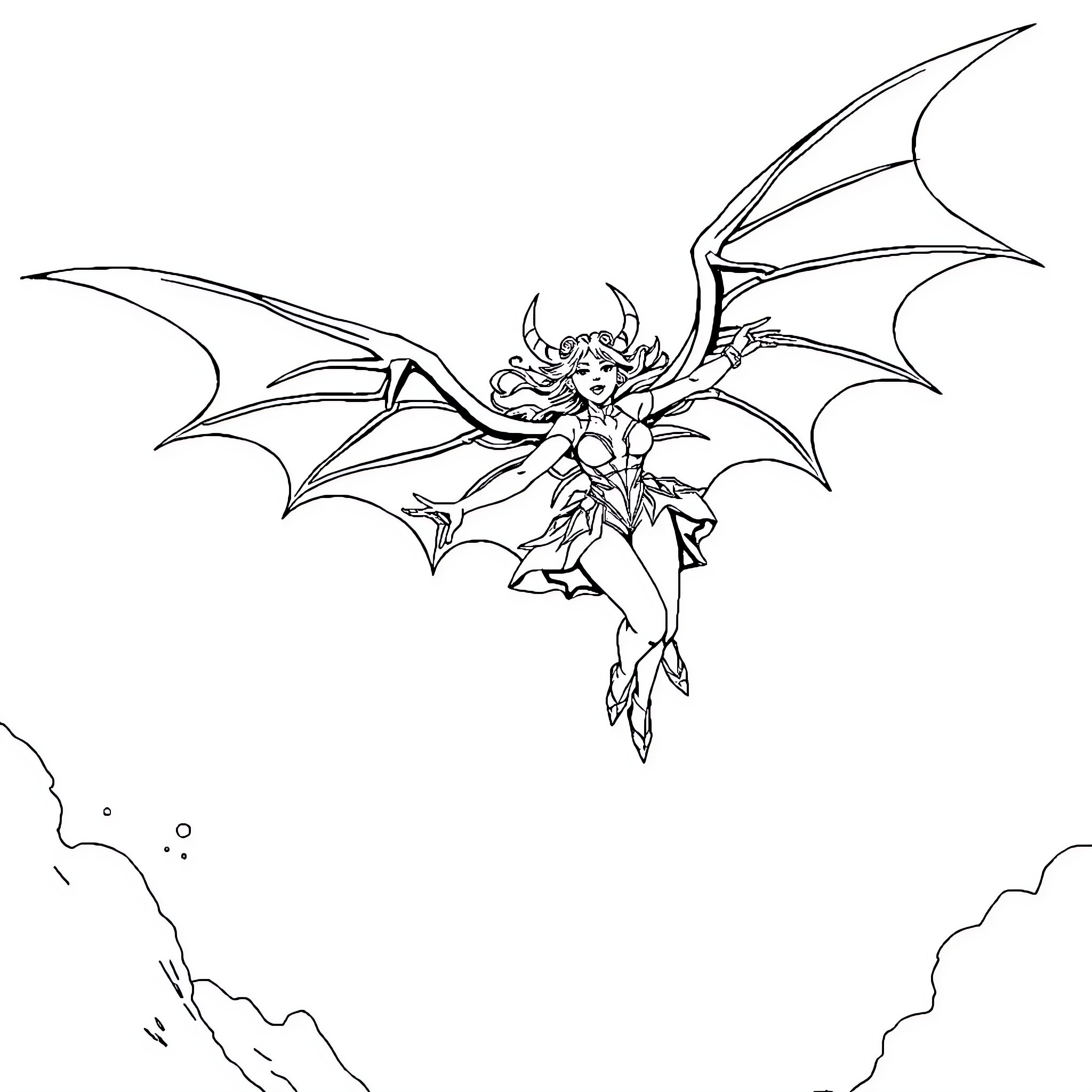 Morrigan, the Winged Warrior Queen in Flight Coloring Page (free black-and-white line drawing printable PDF for all, from beginners to advanced learners, including children, teens, adults, and seniors)