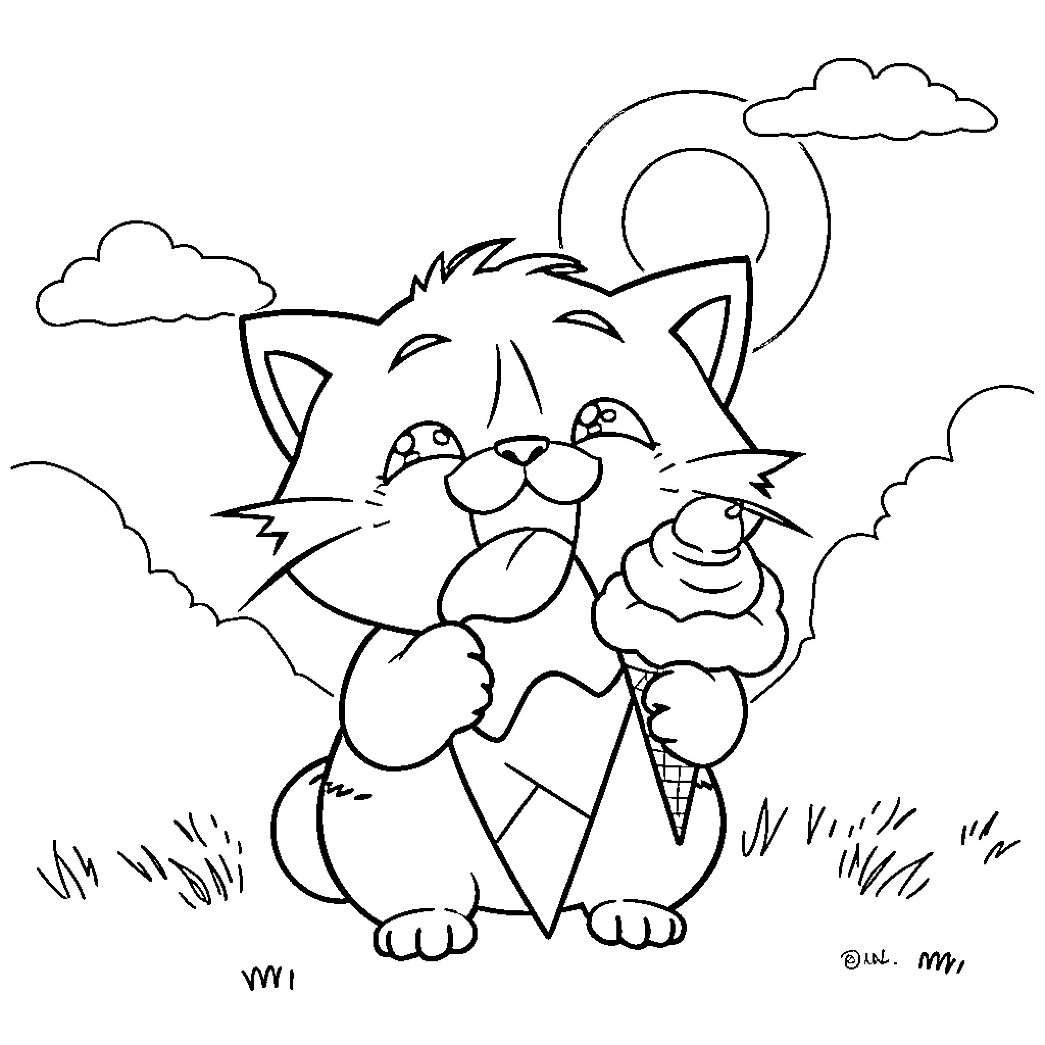 Jibanyan playing happily with ice cream on a sunny day Coloring Page (free black-and-white line drawing printable PDF for all, from beginners to advanced learners, including children, teens, adults, and seniors)