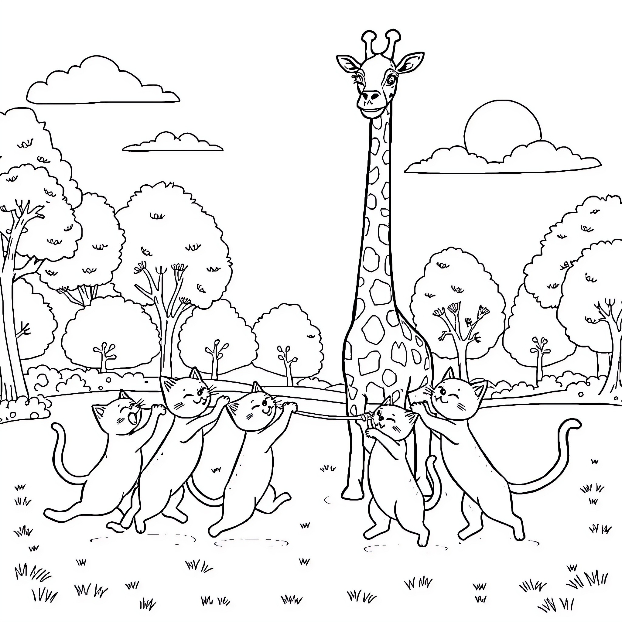 Cat friends explore the safari landscape Coloring Page (free black-and-white line drawing printable PDF for all, from beginners to advanced learners, including children, teens, adults, and seniors)