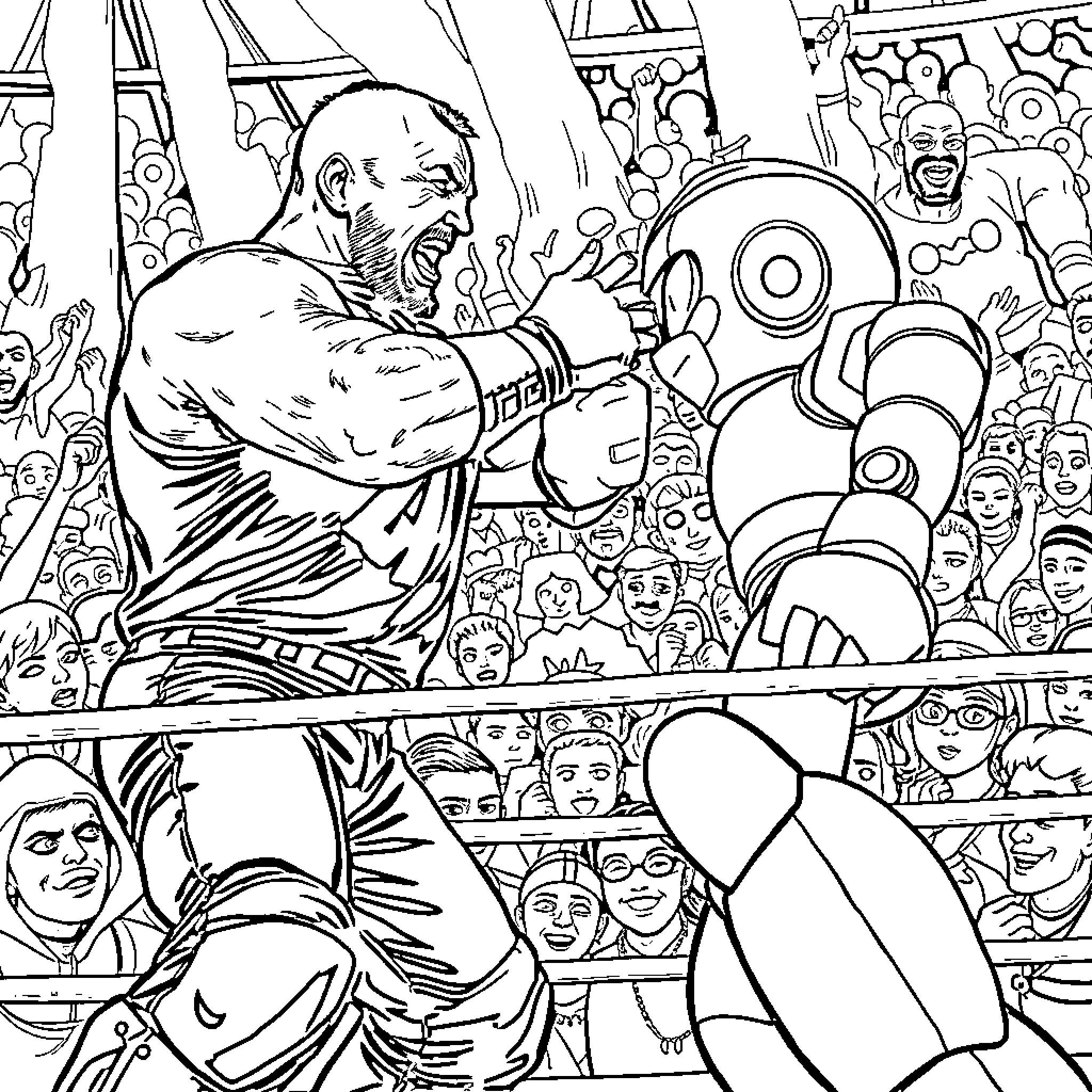 Steve Austin's Intense Wrestling Match in the Ring Coloring Page (free black-and-white line drawing printable PDF for all, from beginners to advanced learners, including children, teens, adults, and seniors)