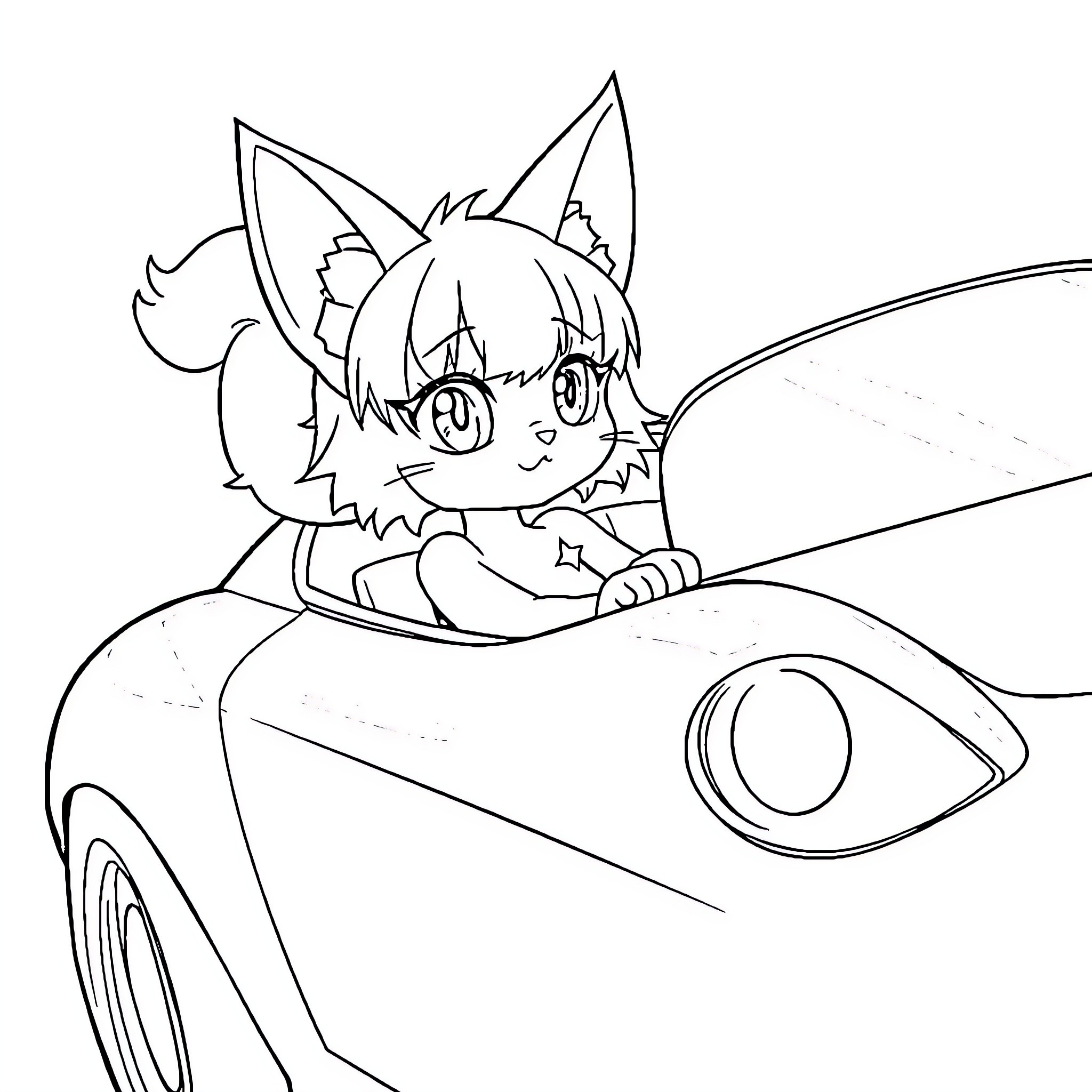 Catgirl driving a car happily Coloring Page (free black-and-white line drawing printable PDF for all, from beginners to advanced learners, including children, teens, adults, and seniors)