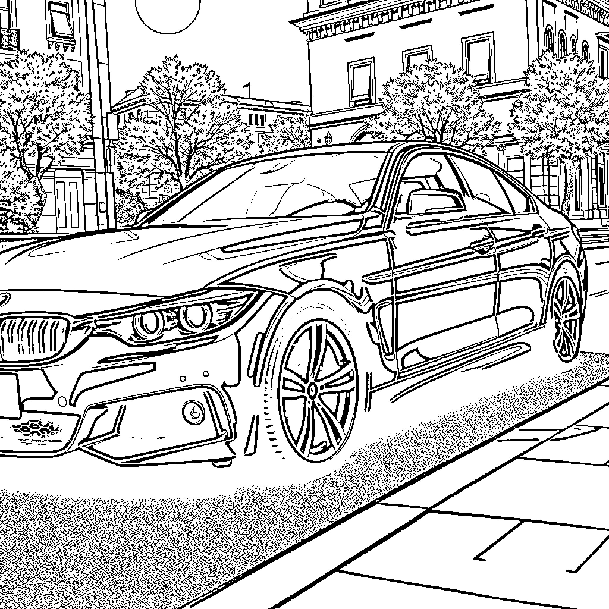 BMW on a City Street with Streetscape Coloring Page (free black-and-white line drawing printable PDF for all, from beginners to advanced learners, including children, teens, adults, and seniors)