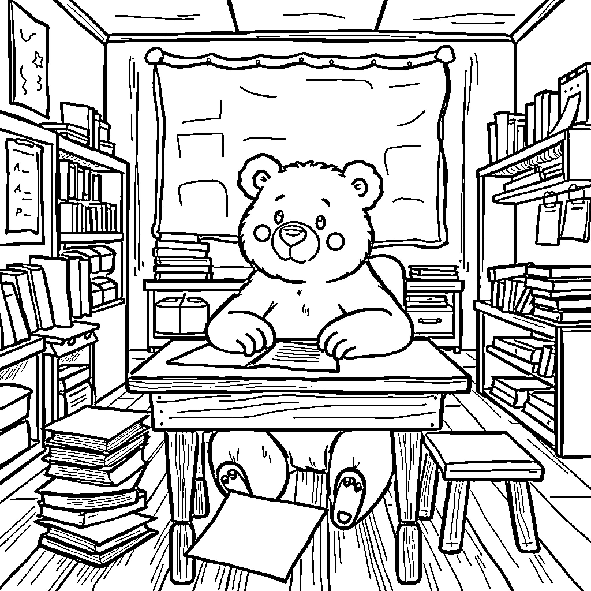 Bear studying diligently in the library Coloring Page (free black-and-white line drawing printable PDF for all, from beginners to advanced learners, including children, teens, adults, and seniors)