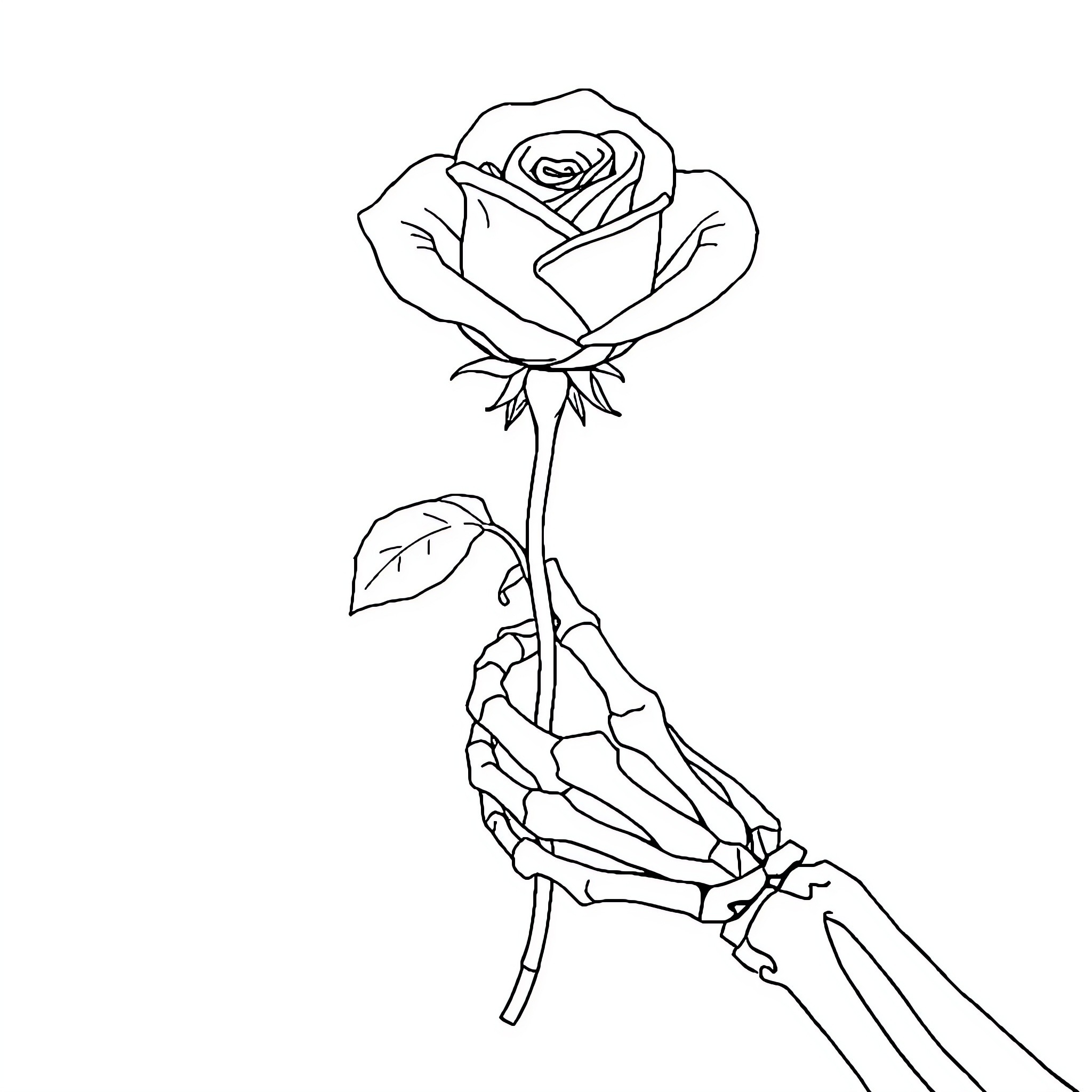 Rose held by skeletal hand Coloring Page (free black-and-white line drawing printable PDF for all, from beginners to advanced learners, including children, teens, adults, and seniors)