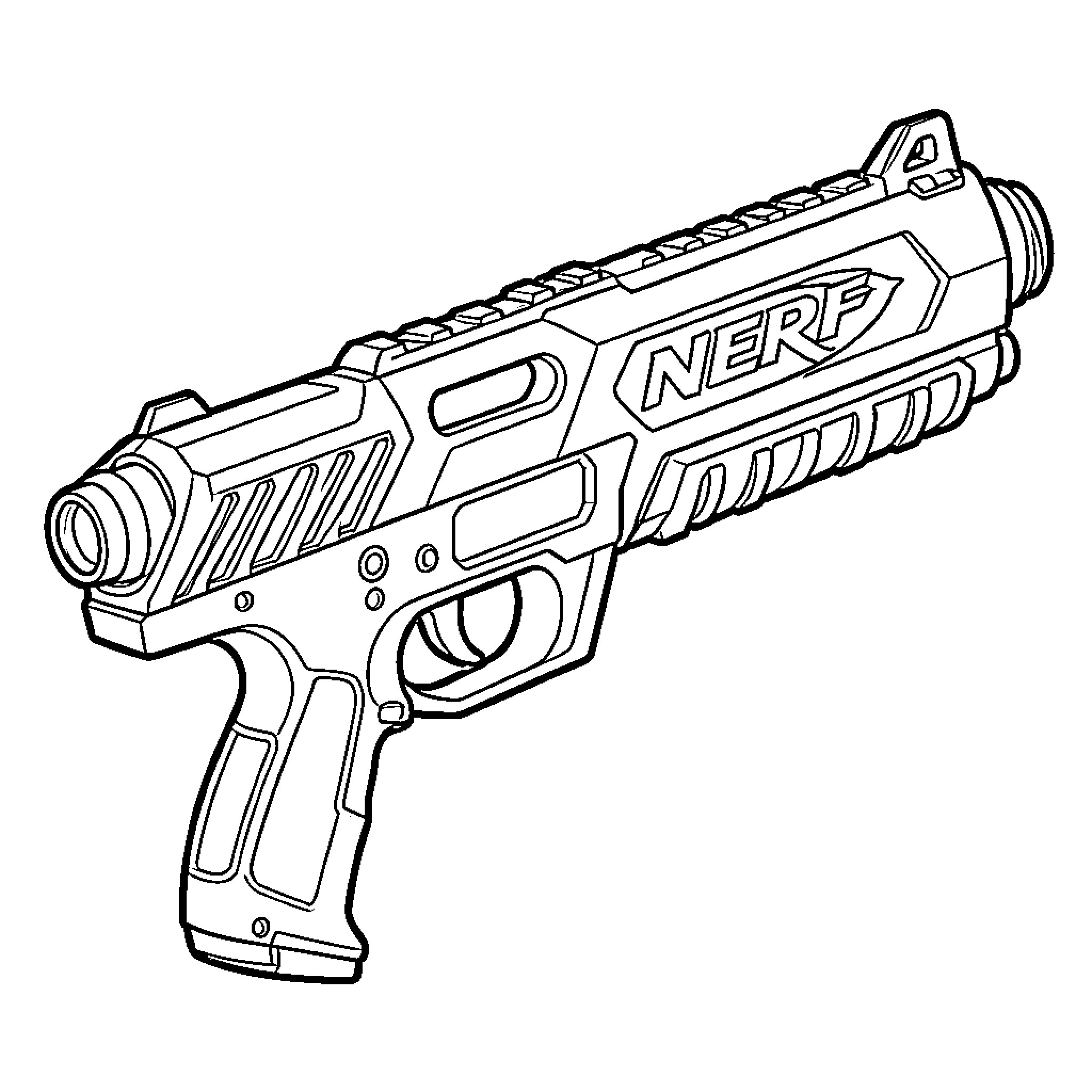 Nerf Gun toy blaster shown from a side angle Coloring Page (free black-and-white line drawing printable PDF for all, from beginners to advanced learners, including children, teens, adults, and seniors)