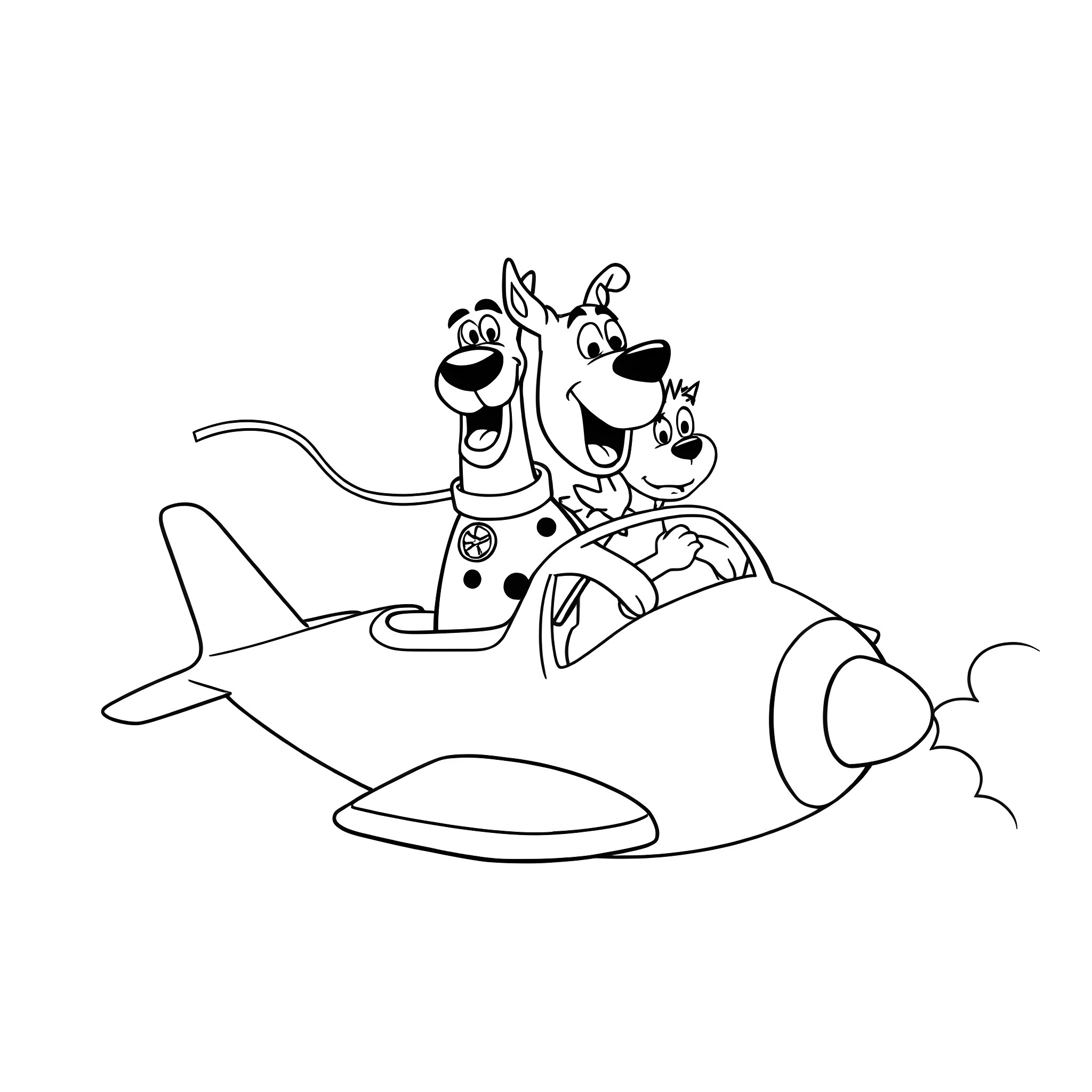 Scooby Doo and Shaggy in a Zany Airplane Adventure Coloring Page (free black-and-white line drawing printable PDF for all, from beginners to advanced learners, including children, teens, adults, and seniors)