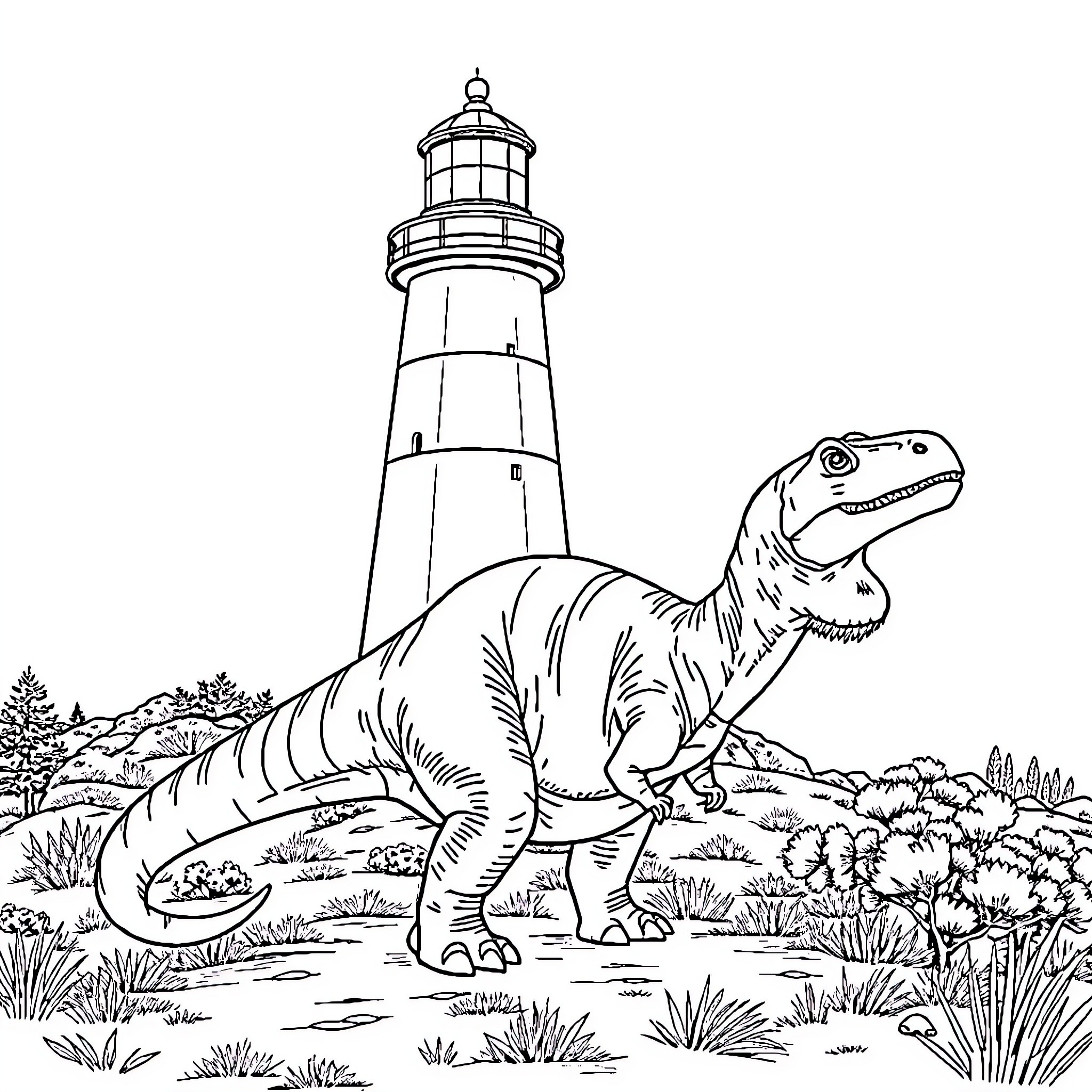 Dinosaur exploring a coastal landscape with a lighthouse Coloring Page (free black-and-white line drawing printable PDF for all, from beginners to advanced learners, including children, teens, adults, and seniors)