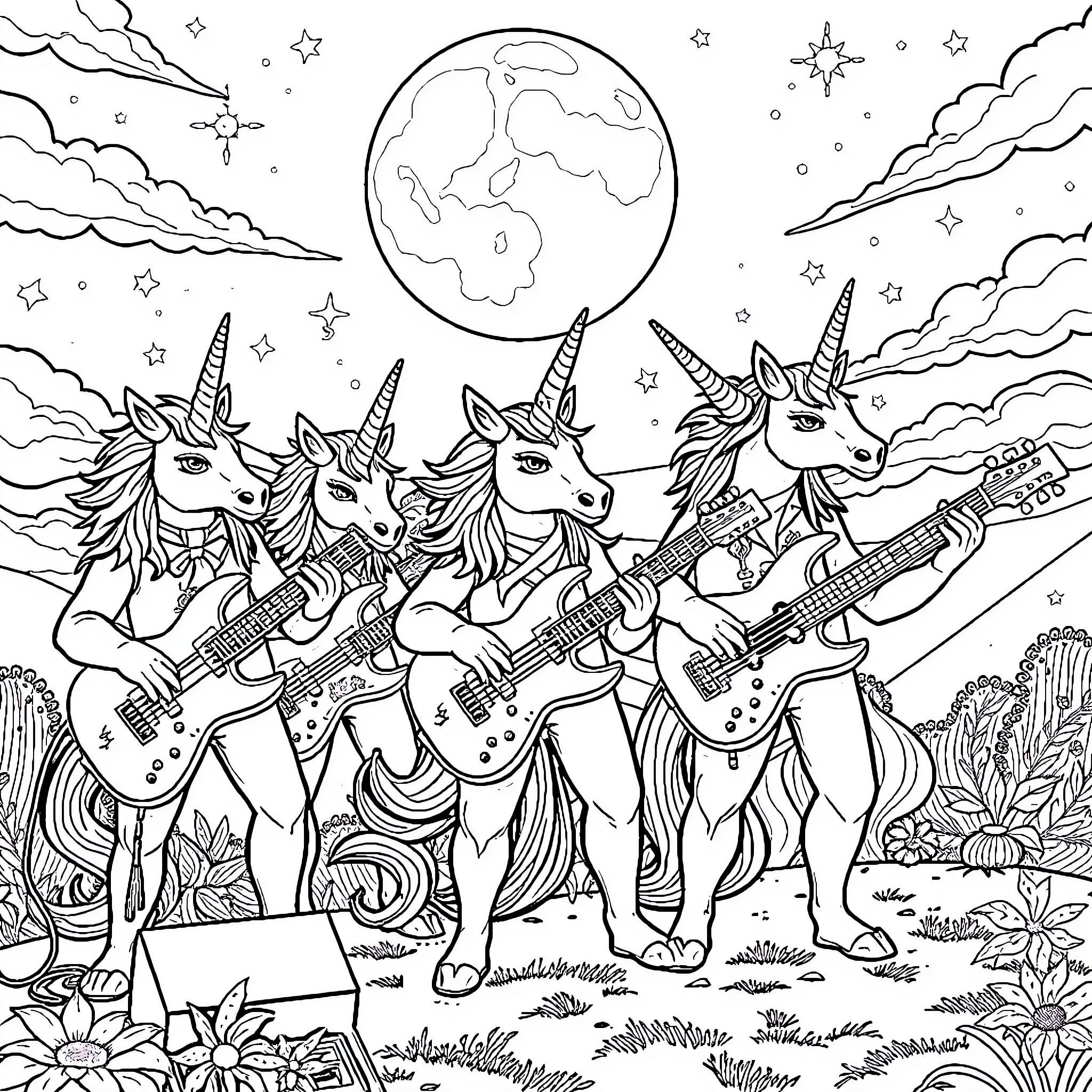 Unicorn Band Playing Guitars Under the Starry Sky Coloring Page (free black-and-white line drawing printable PDF for all, from beginners to advanced learners, including children, teens, adults, and seniors)