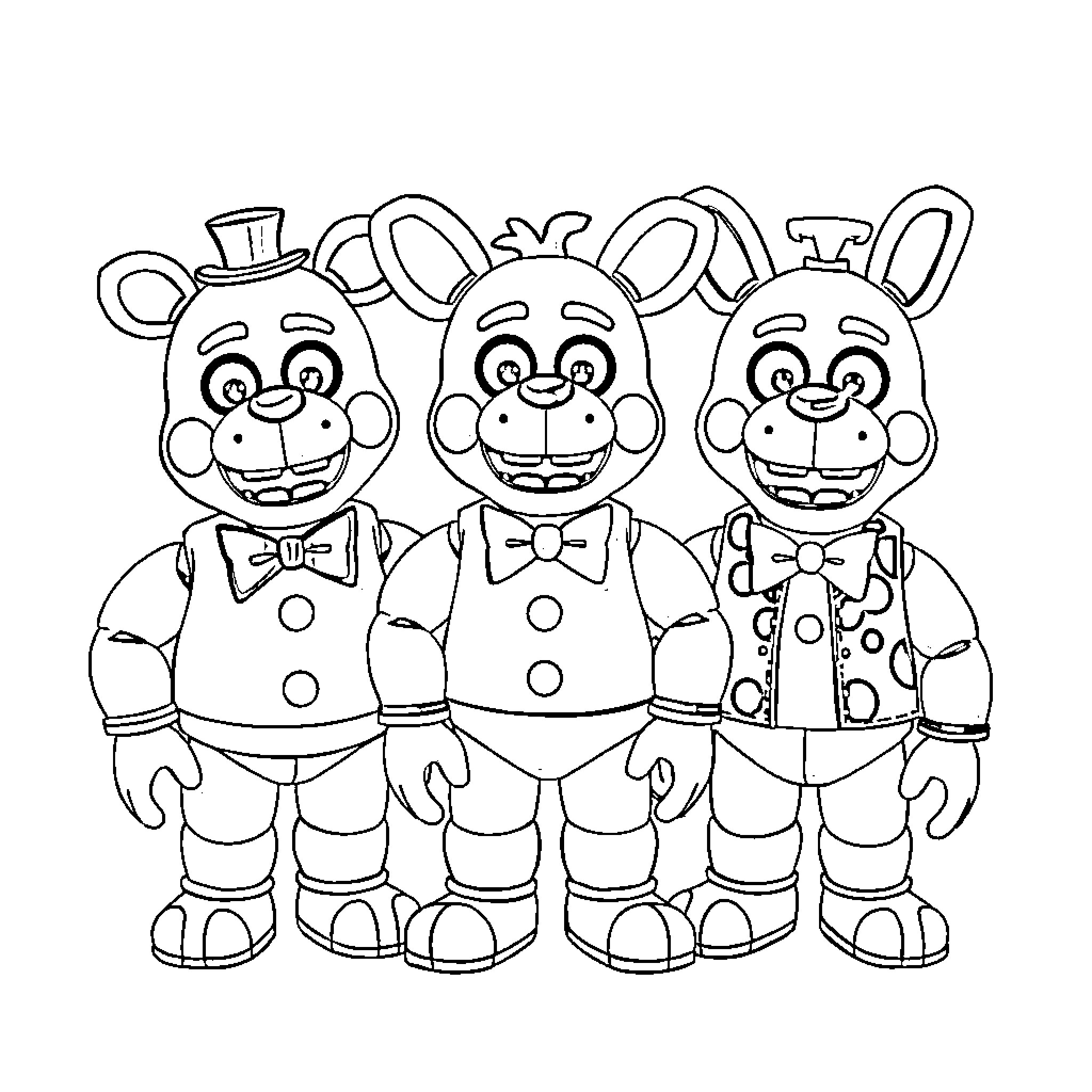 Animatronic Trio of Cheerful Robotic Characters Coloring Page (free black-and-white line drawing printable PDF for all, from beginners to advanced learners, including children, teens, adults, and seniors)