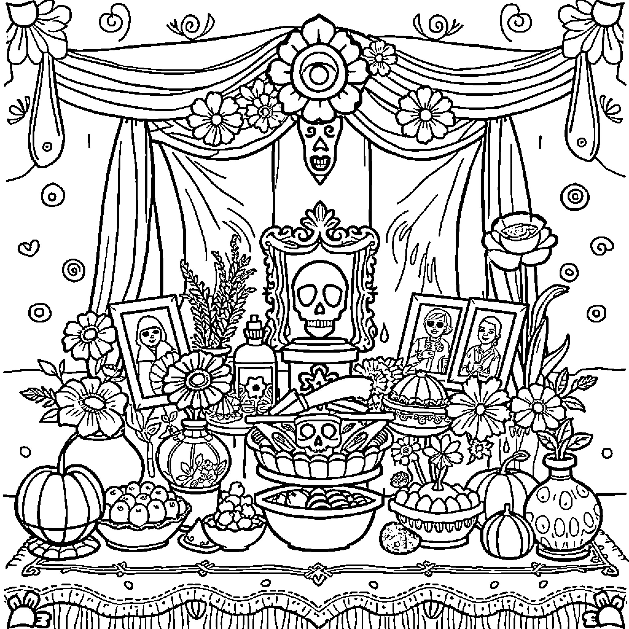 Ofrenda: Celebration of Life and Remembrance Coloring Page (free black-and-white line drawing printable PDF for all, from beginners to advanced learners, including children, teens, adults, and seniors)