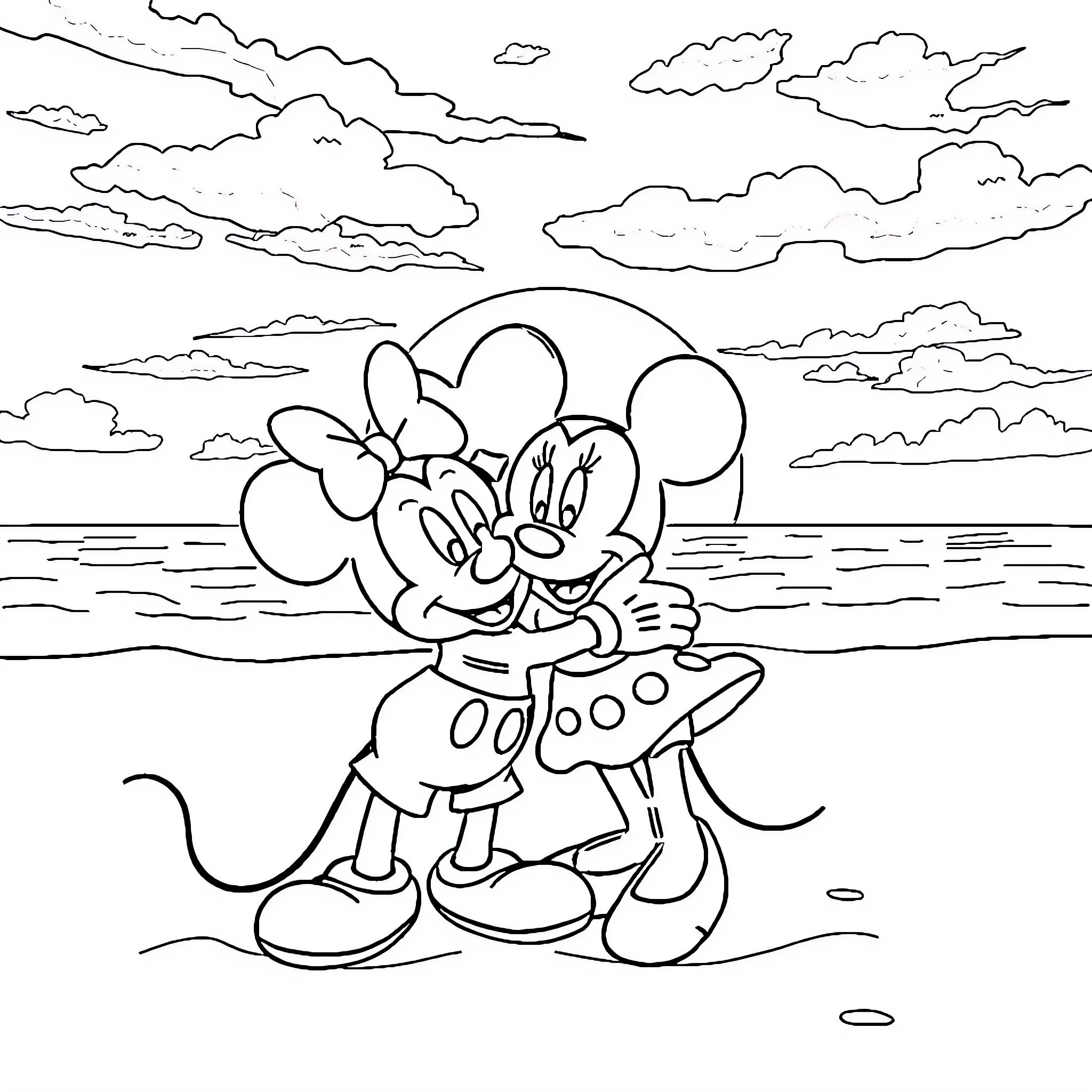 Minnie Mouse enjoying a day at the beach Coloring Page (free black-and-white line drawing printable PDF for all, from beginners to advanced learners, including children, teens, adults, and seniors)