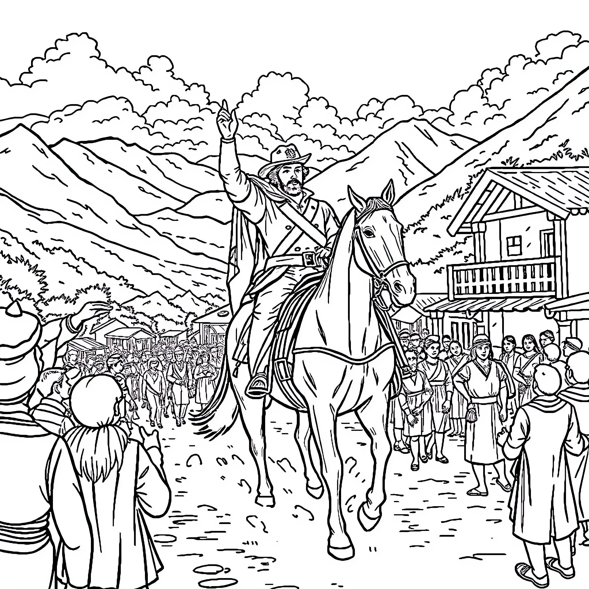 Simón Bolívar leading a group on horseback in a mountainous landscape Coloring Page (free black-and-white line drawing printable PDF for all, from beginners to advanced learners, including children, teens, adults, and seniors)