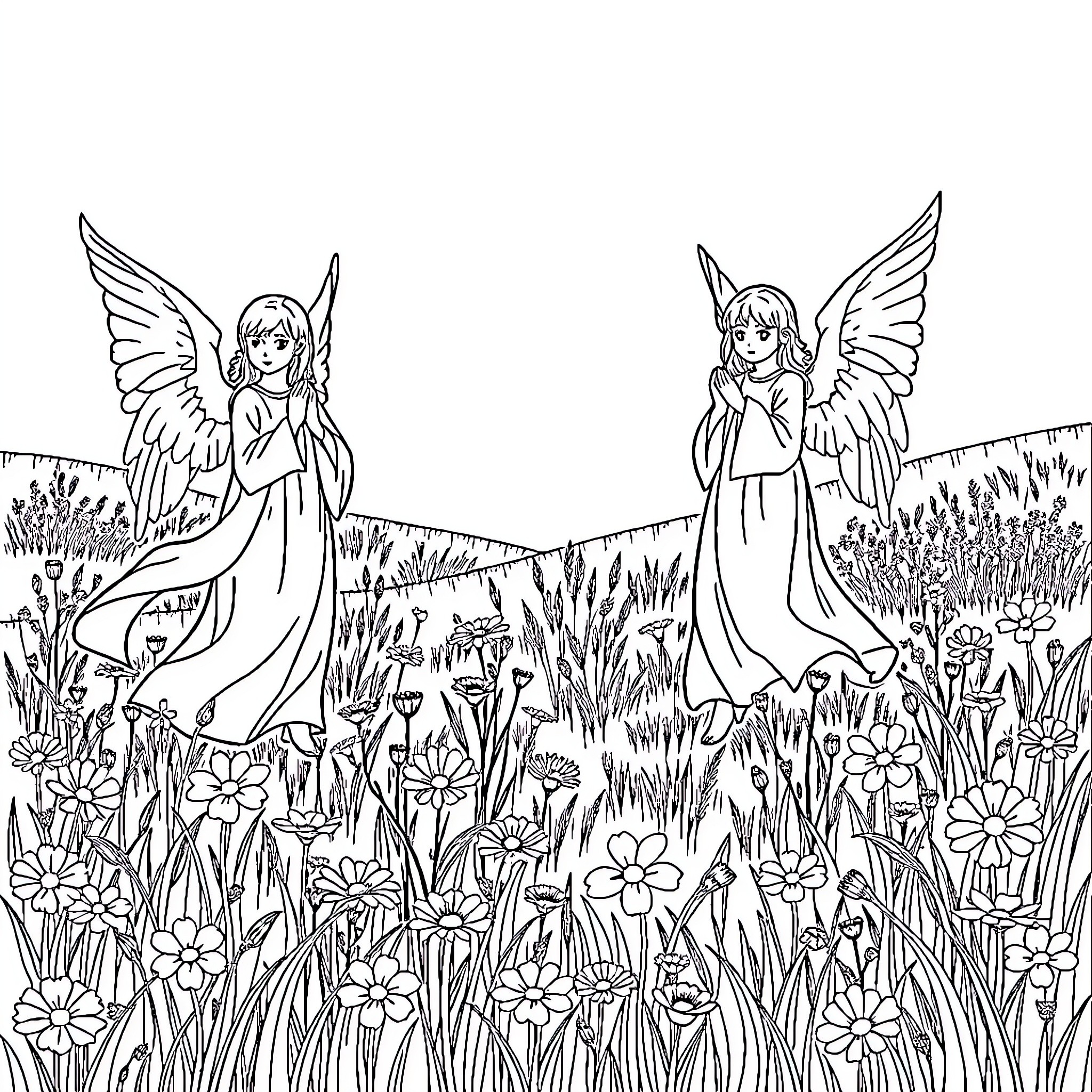 Angel Figures Floating in Floral Meadow Coloring Page (free black-and-white line drawing printable PDF for all, from beginners to advanced learners, including children, teens, adults, and seniors)