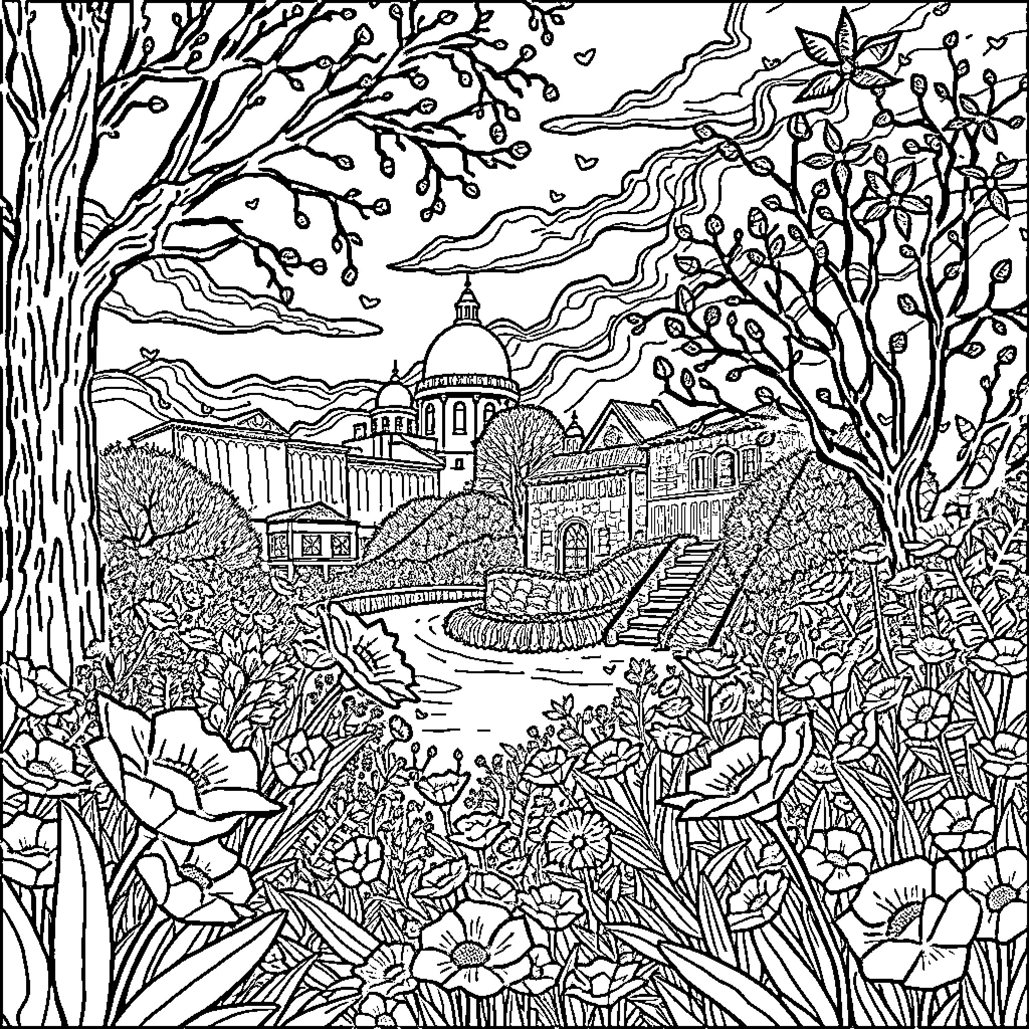 Blue and Red Ornate Landscape with Architectural Details Coloring Page (free black-and-white line drawing printable PDF for all, from beginners to advanced learners, including children, teens, adults, and seniors)