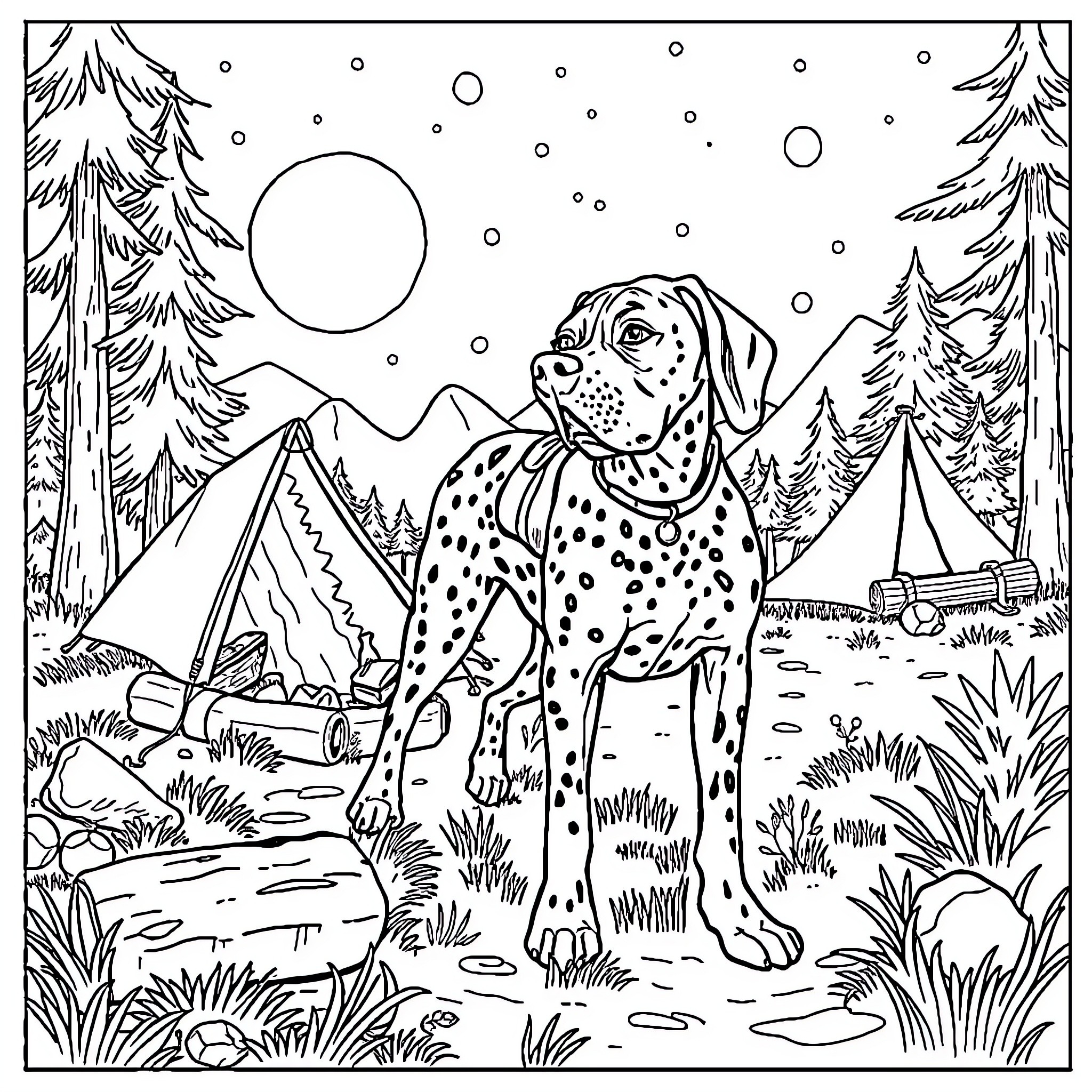 German Shorthair Pointer exploring the wilderness Coloring Page (free black-and-white line drawing printable PDF for all, from beginners to advanced learners, including children, teens, adults, and seniors)
