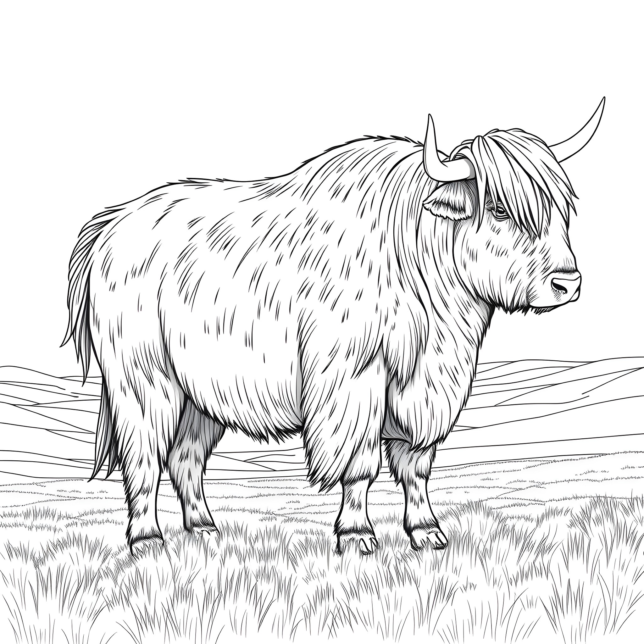 Yak standing majestically in a grassy field Coloring Page (free black-and-white line drawing printable PDF for all, from beginners to advanced learners, including children, teens, adults, and seniors)