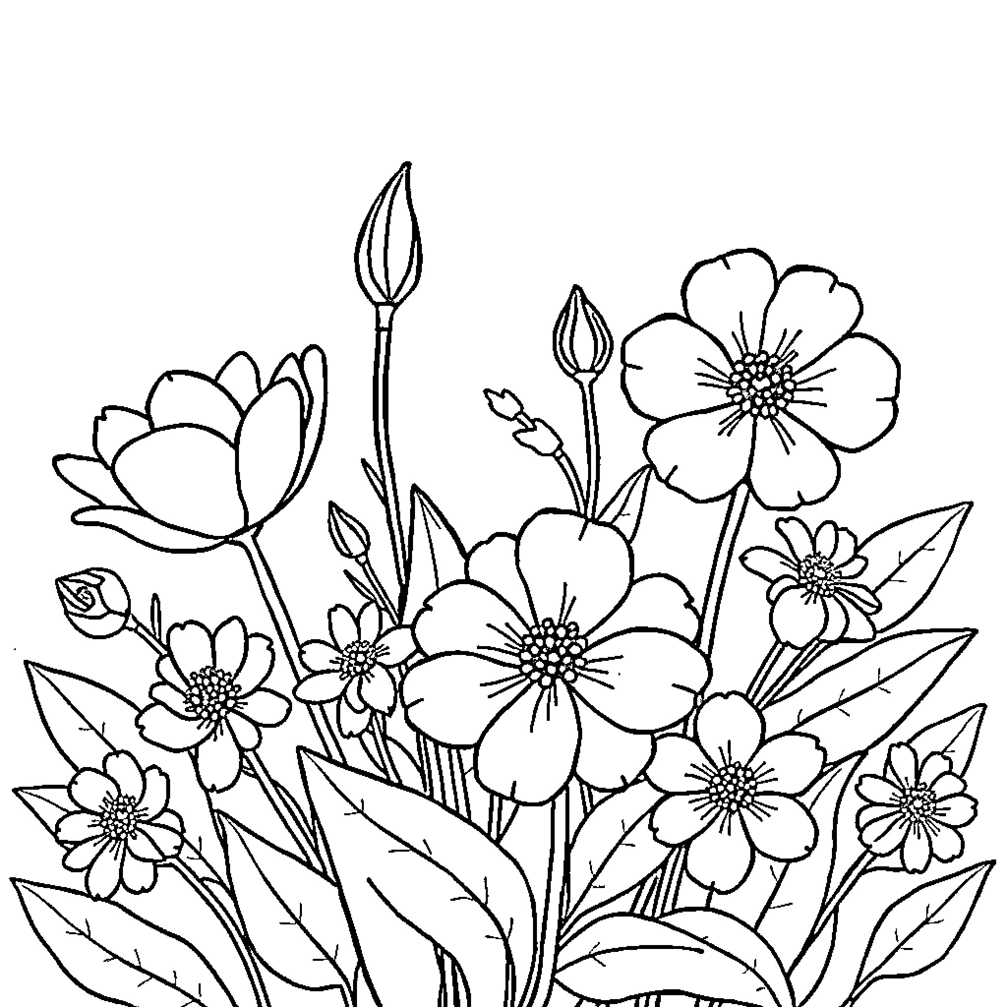 Spring flowers blooming in a garden Coloring Page (free black-and-white line drawing printable PDF for all, from beginners to advanced learners, including children, teens, adults, and seniors)