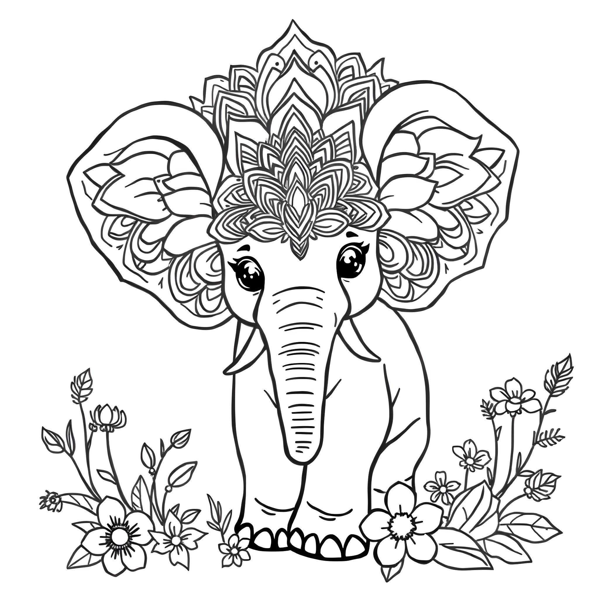 Elephant with ornate headdress surrounded by flowers Coloring Page (free black-and-white line drawing printable PDF for all, from beginners to advanced learners, including children, teens, adults, and seniors)