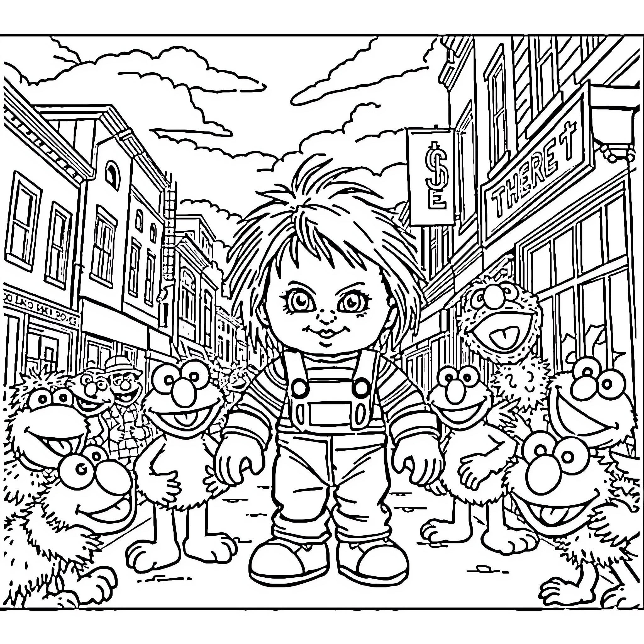 Chucky and Friends Explore the Neighborhood Coloring Page (free black-and-white line drawing printable PDF for all, from beginners to advanced learners, including children, teens, adults, and seniors)