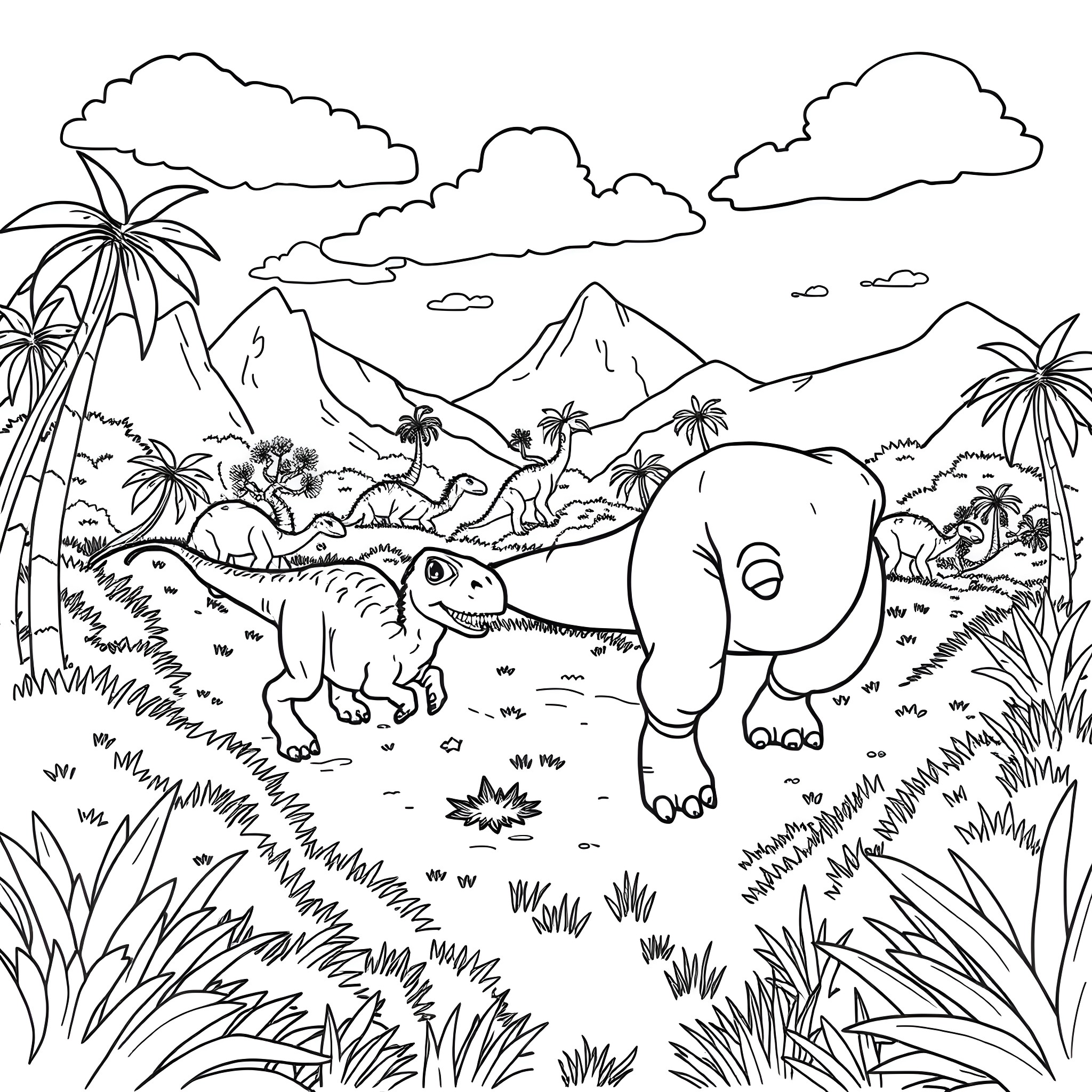 Dinosaurs exploring the prehistoric landscape Coloring Page (free black-and-white line drawing printable PDF for all, from beginners to advanced learners, including children, teens, adults, and seniors)