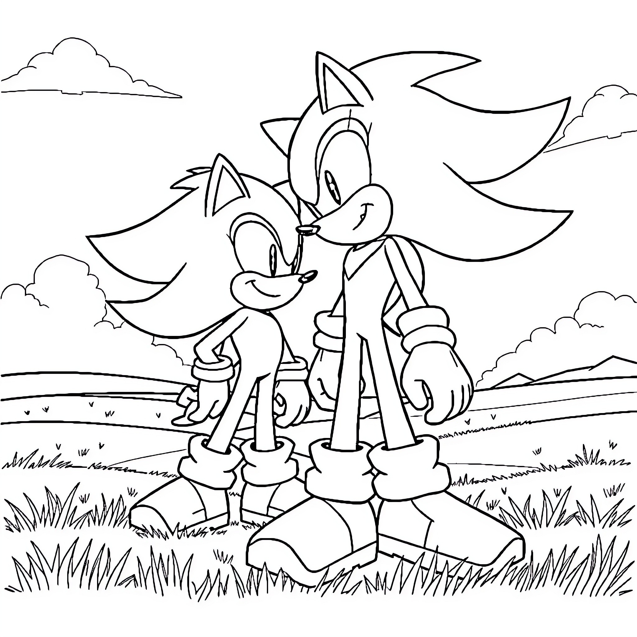 Sonic characters in a tranquil outdoor scene Coloring Page (free black-and-white line drawing printable PDF for all, from beginners to advanced learners, including children, teens, adults, and seniors)