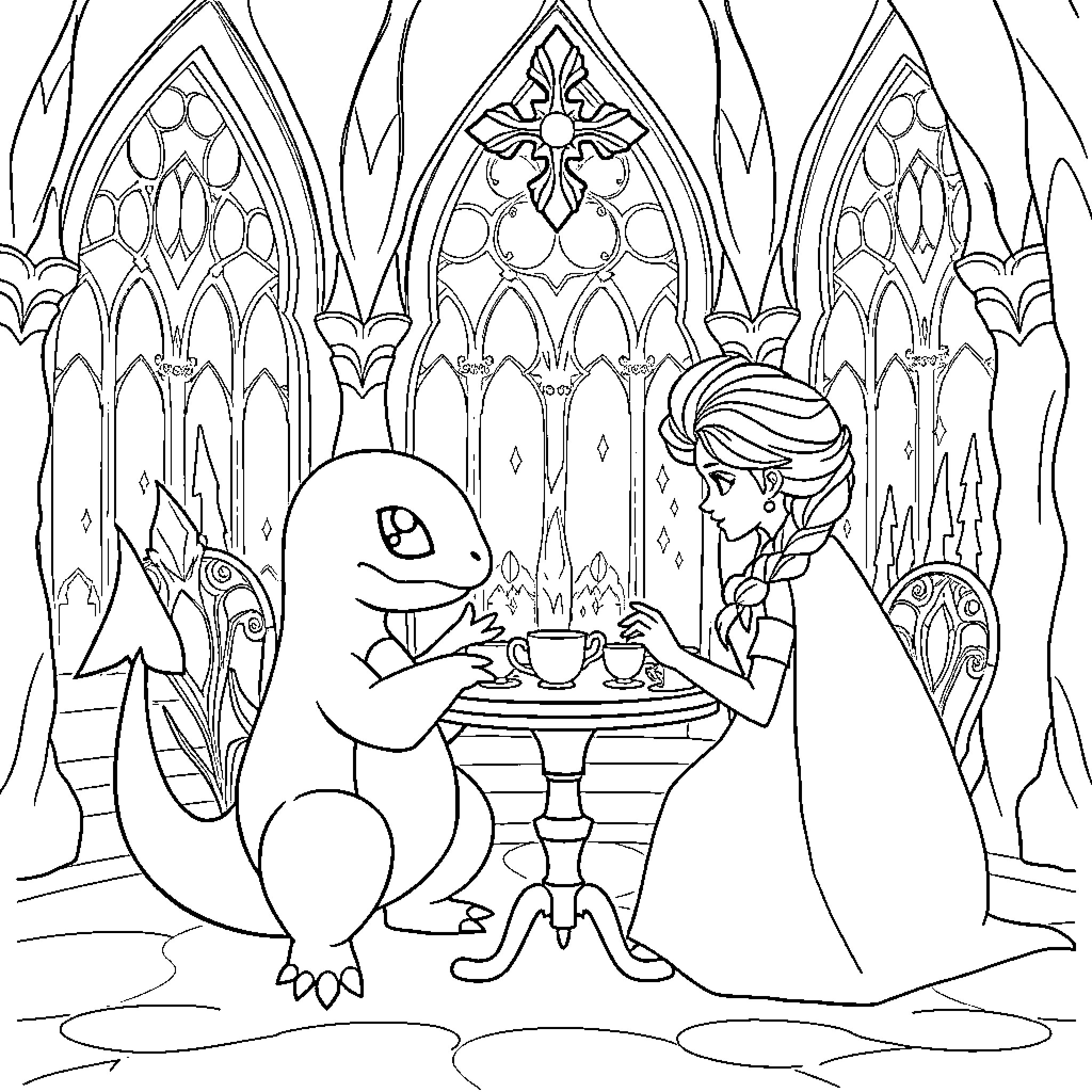 Charmander and Princess Enjoying Tea Time in the Castle Coloring Page (free black-and-white line drawing printable PDF for all, from beginners to advanced learners, including children, teens, adults, and seniors)