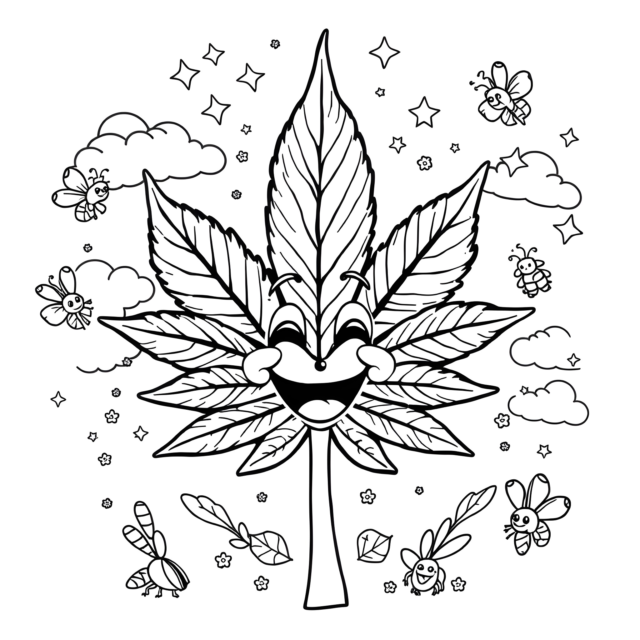 Weed Leaf with Whimsical Floral Illustrations Coloring Page (free black-and-white line drawing printable PDF for all, from beginners to advanced learners, including children, teens, adults, and seniors)