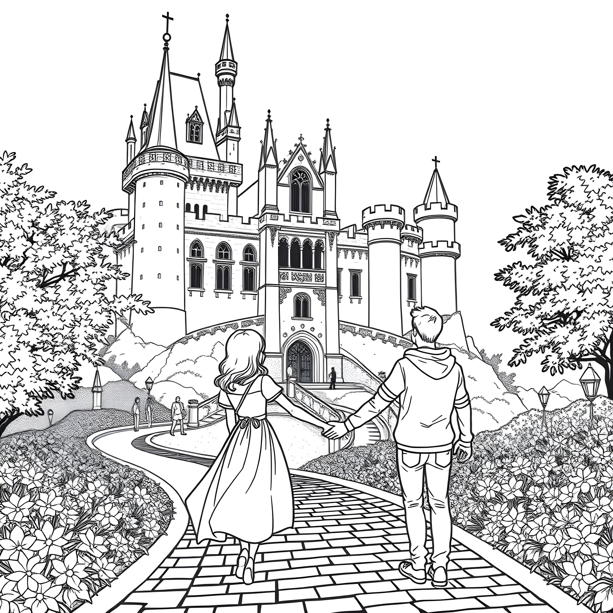 Couple walking towards a majestic castle Coloring Page (free black-and-white line drawing printable PDF for all, from beginners to advanced learners, including children, teens, adults, and seniors)