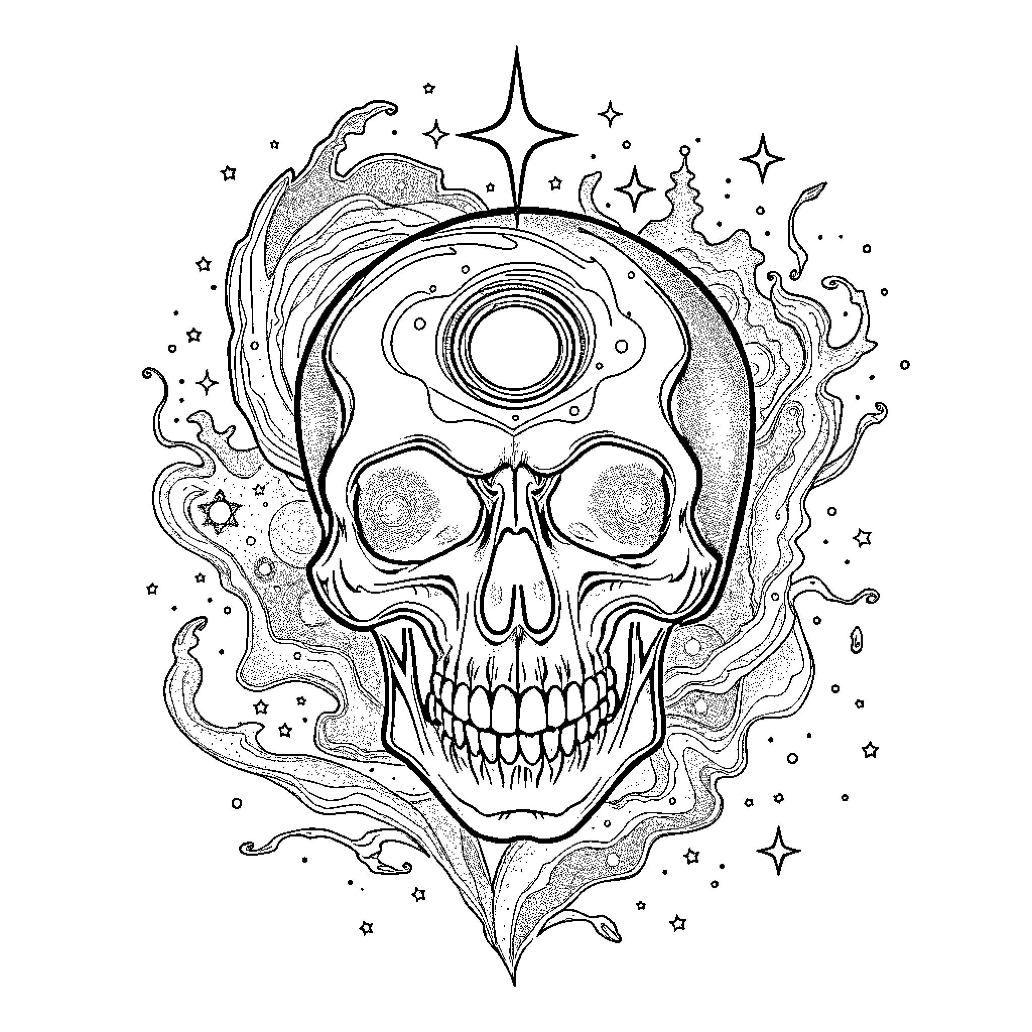 Skull with cosmic and mystical elements Coloring Page (free black-and-white line drawing printable PDF for all, from beginners to advanced learners, including children, teens, adults, and seniors)
