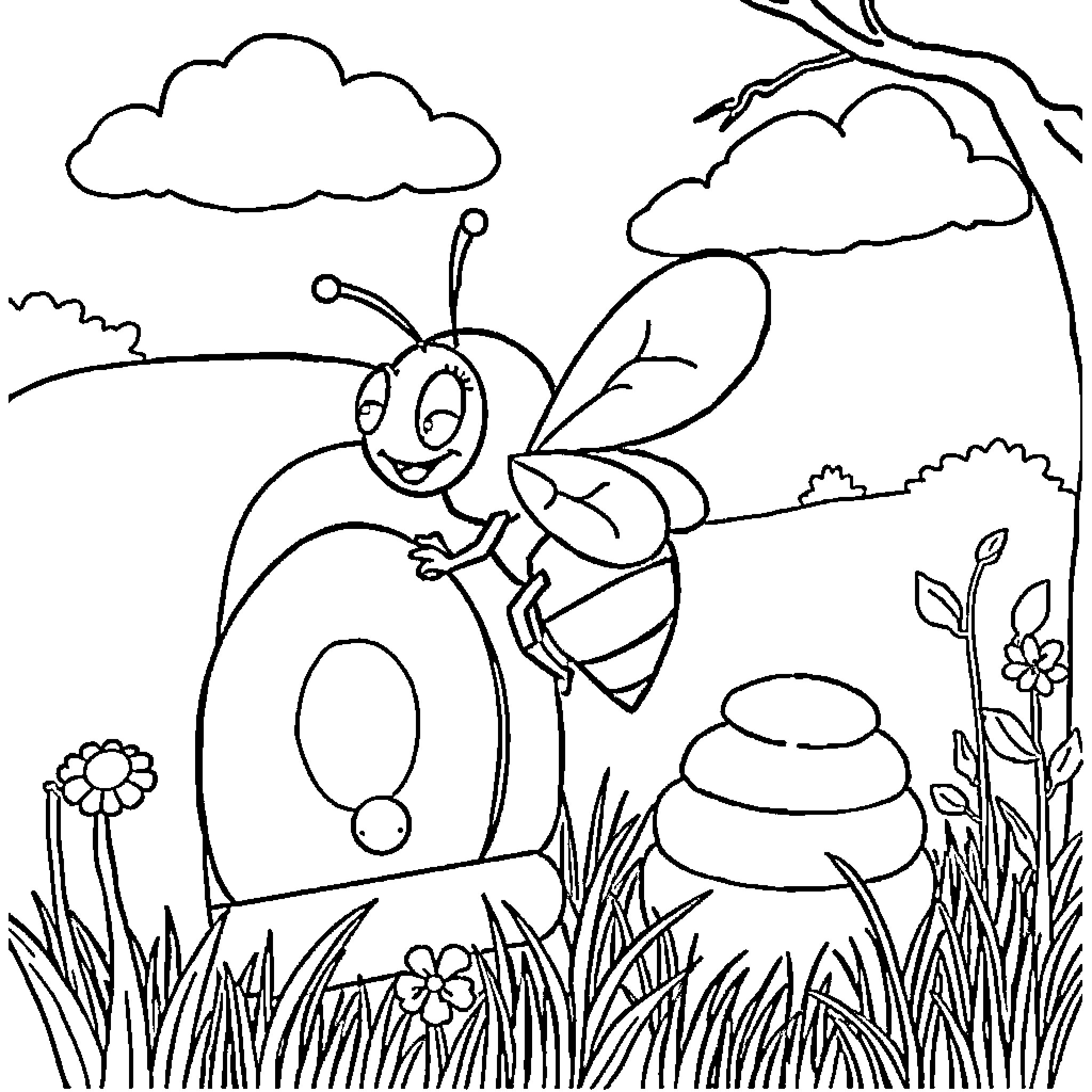 Bee exploring the outdoors Coloring Page (free black-and-white line drawing printable PDF for all, from beginners to advanced learners, including children, teens, adults, and seniors)