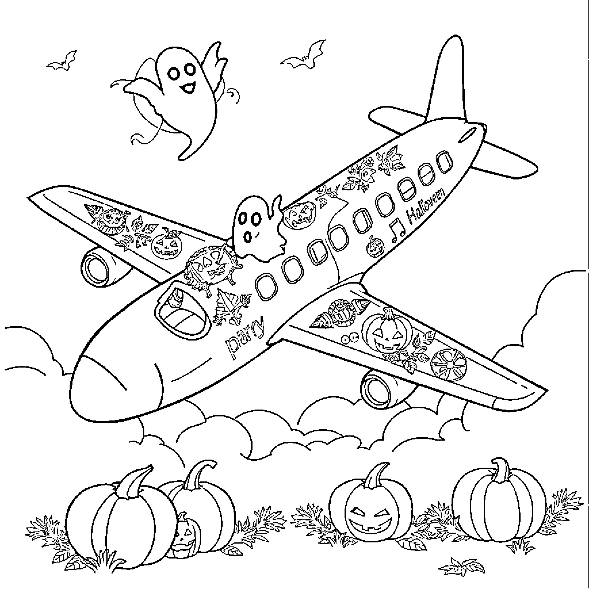 Airplane with Halloween-themed decorations flying over a pumpkin patch Coloring Page (free black-and-white line drawing printable PDF for all, from beginners to advanced learners, including children, teens, adults, and seniors)