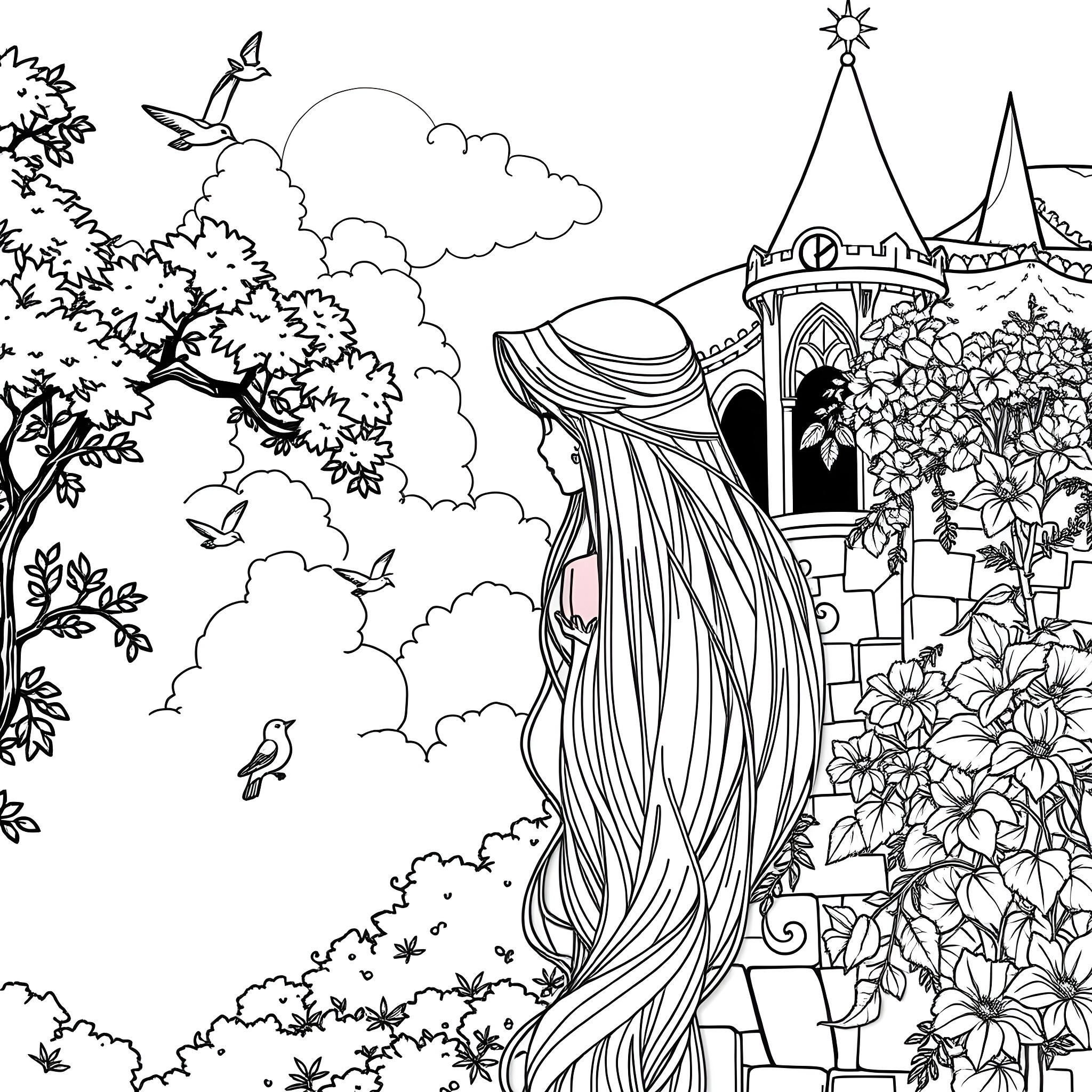 Rapunzel dreaming in her tower surrounded by nature Coloring Page (free black-and-white line drawing printable PDF for all, from beginners to advanced learners, including children, teens, adults, and seniors)