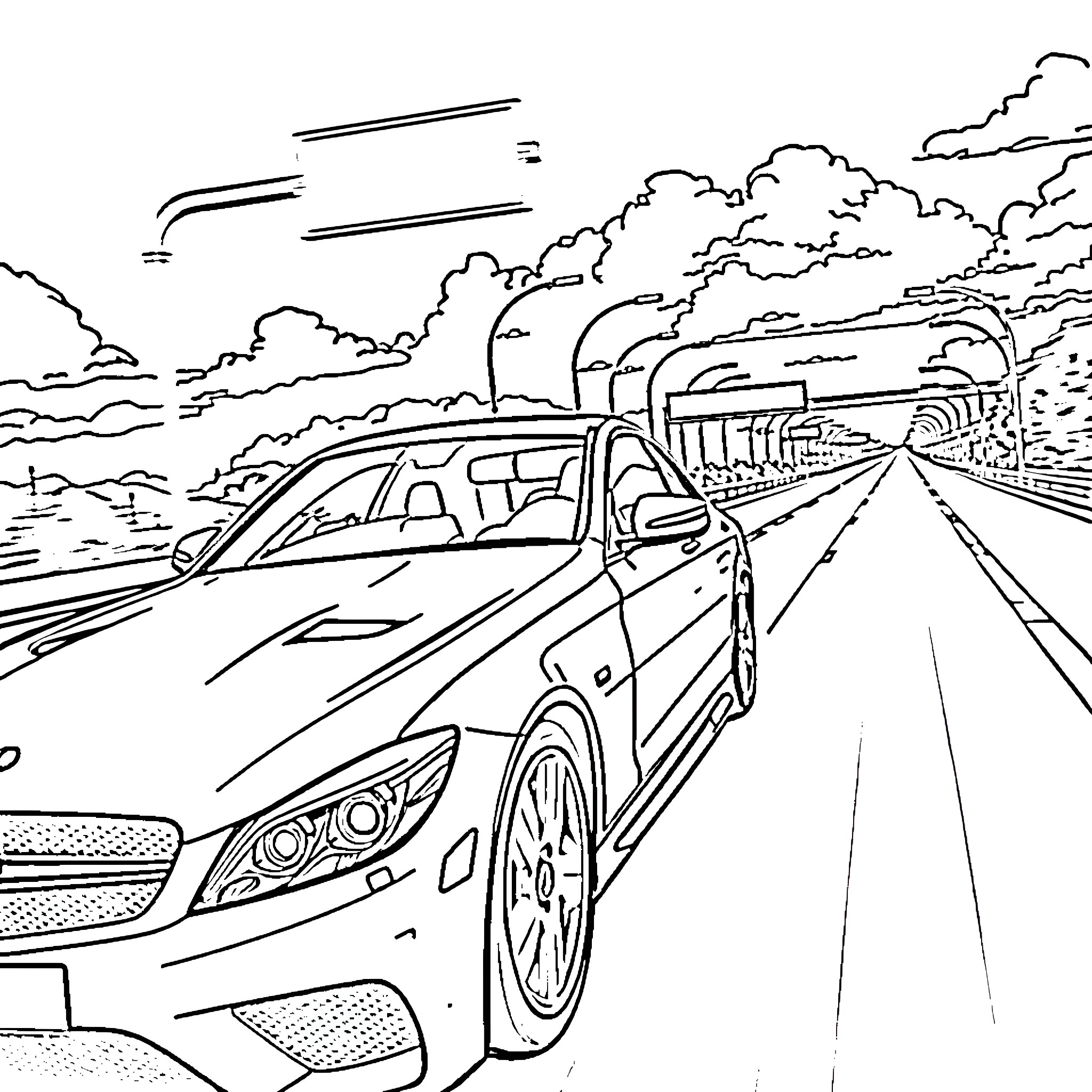 Mercedes speeding down the open highway Coloring Page (free black-and-white line drawing printable PDF for all, from beginners to advanced learners, including children, teens, adults, and seniors)